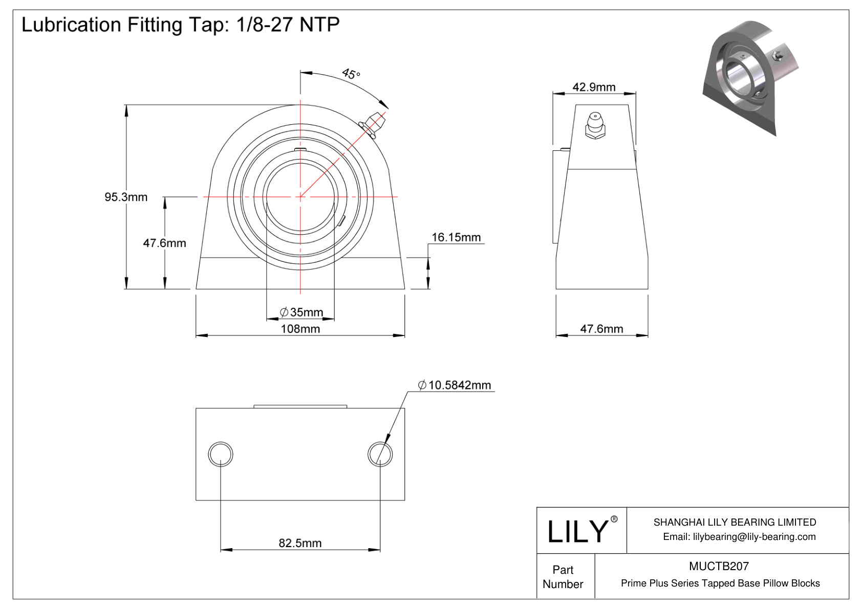 MUCTB207 Prime Plus Series Tapped Base Pillow Blocks cad drawing