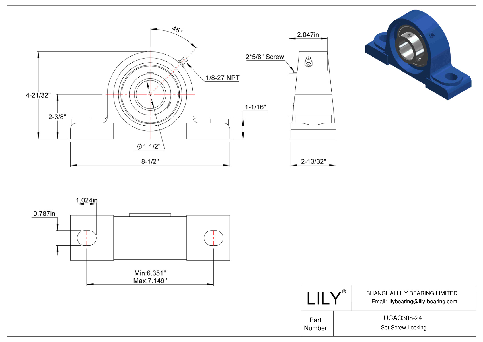 UCAO308-24 Pillow Block Bearing Set Screw Locking cad drawing