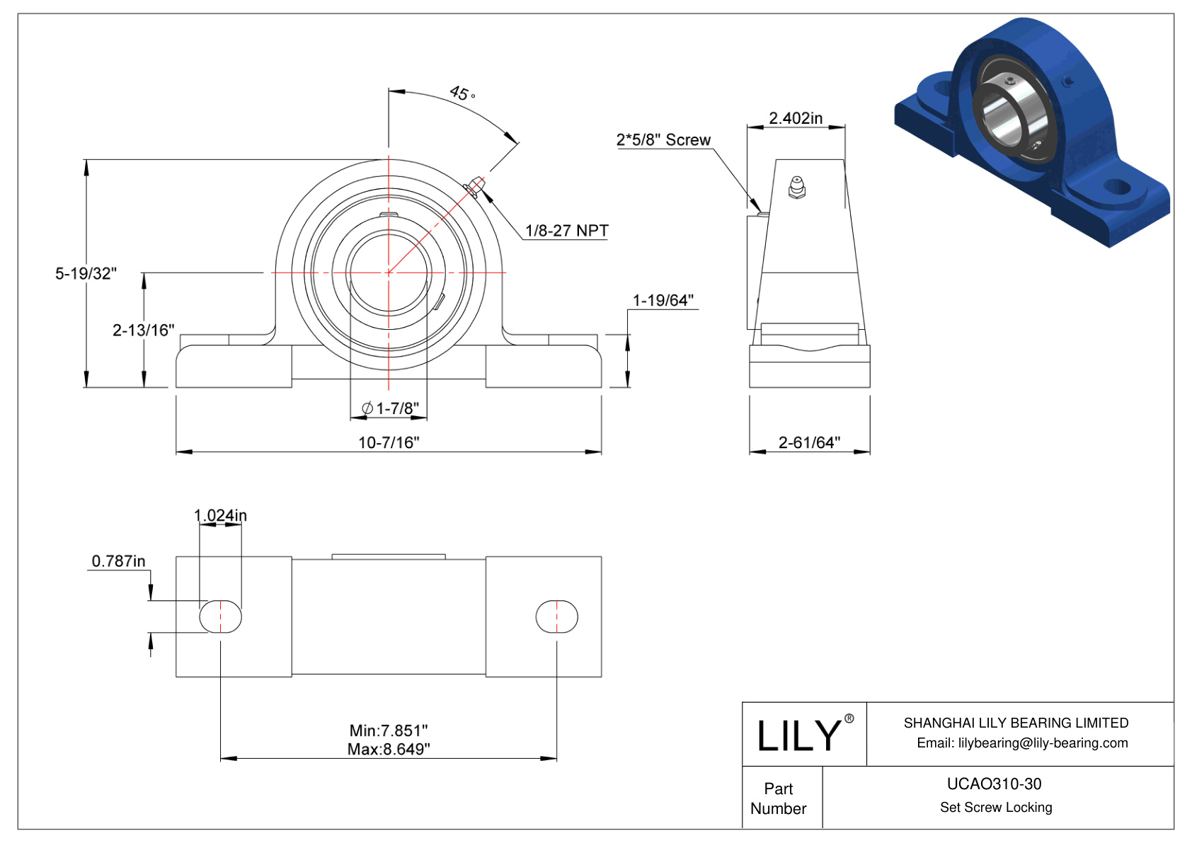 UCAO310-30 Pillow Block Bearing Set Screw Locking cad drawing