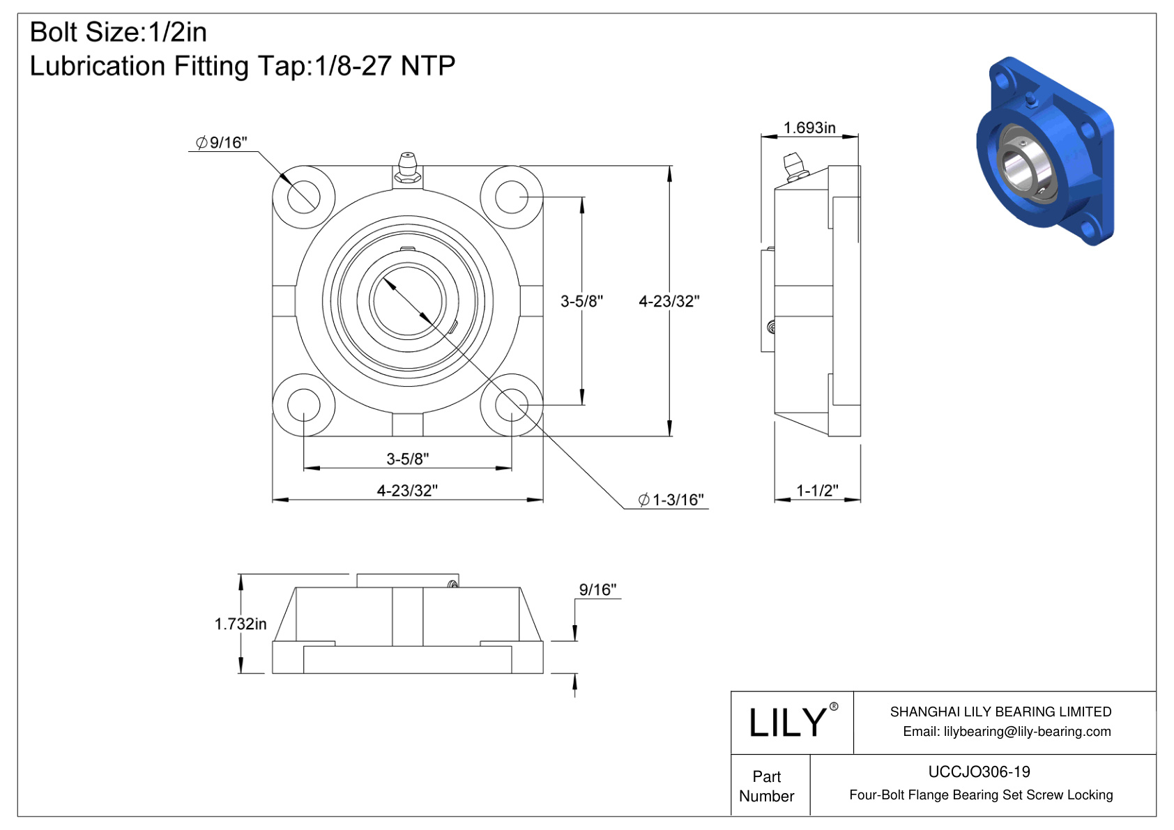 UCCJO306-19 Four-Bolt Flange Bearing Set Screw Locking cad drawing