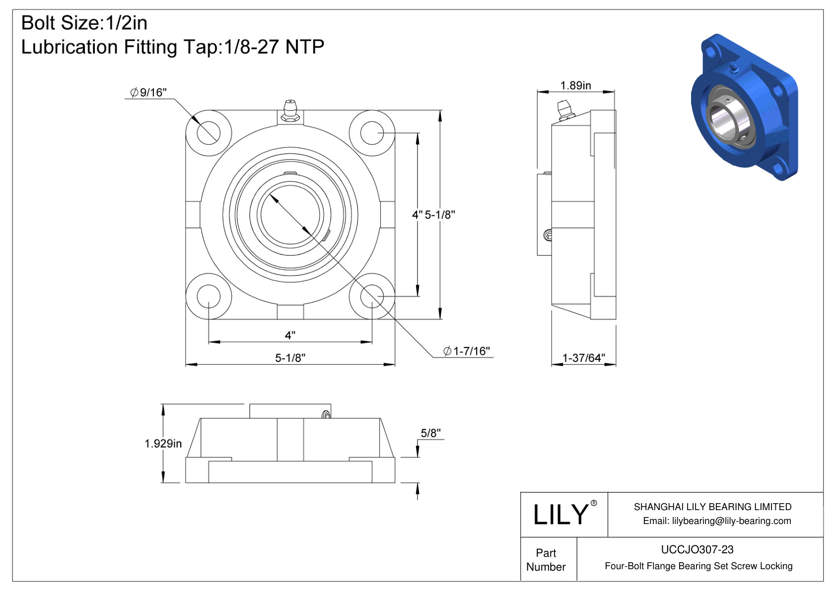 UCCJO307-23 Four-Bolt Flange Bearing Set Screw Locking cad drawing