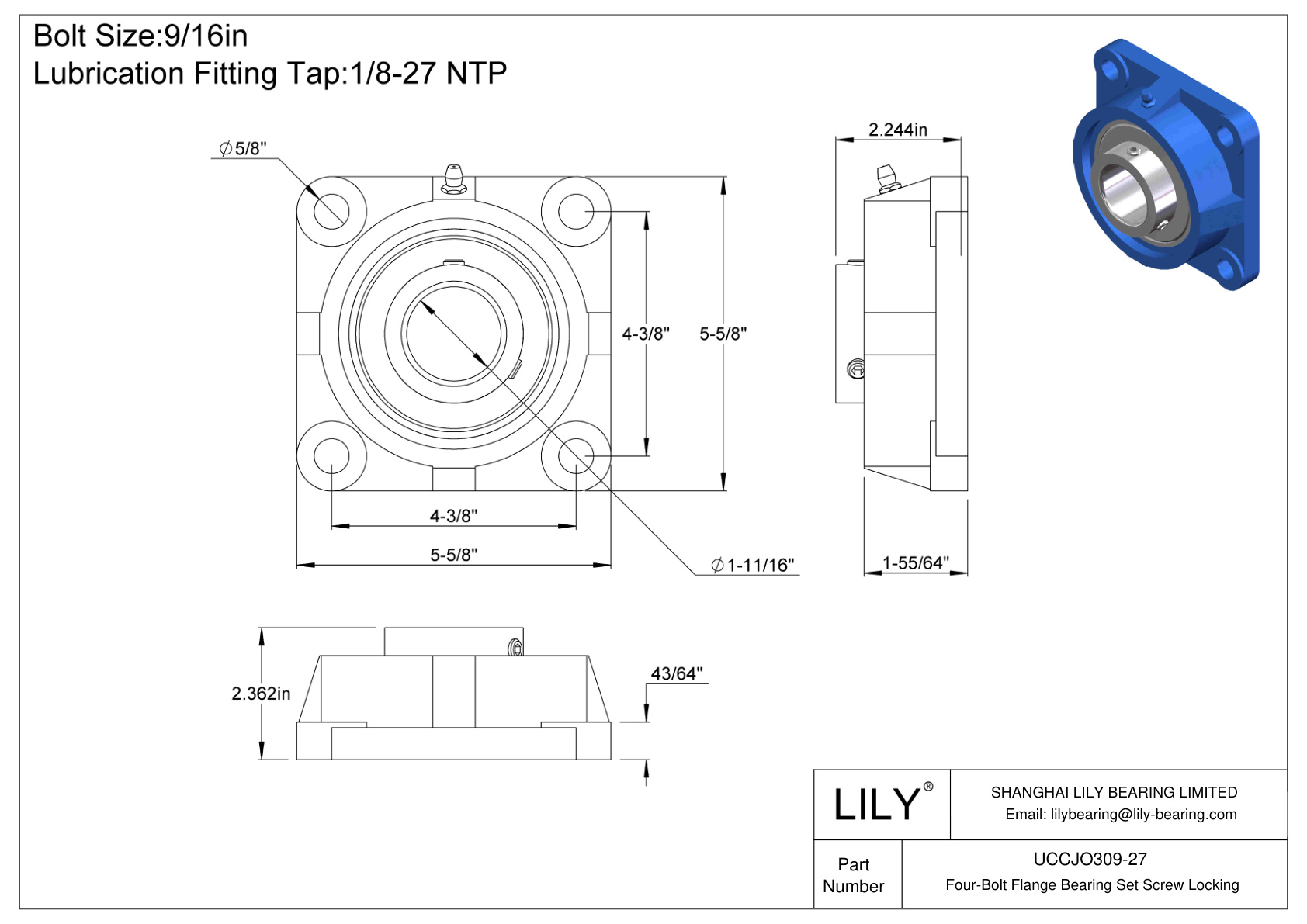 UCCJO309-27 Four-Bolt Flange Bearing Set Screw Locking cad drawing