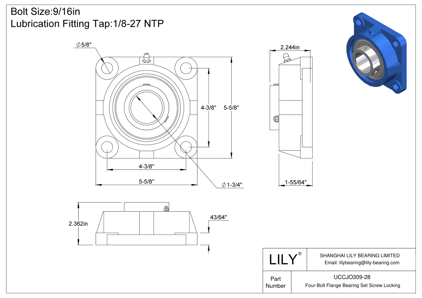 UCCJO309-28 Four-Bolt Flange Bearing Set Screw Locking cad drawing