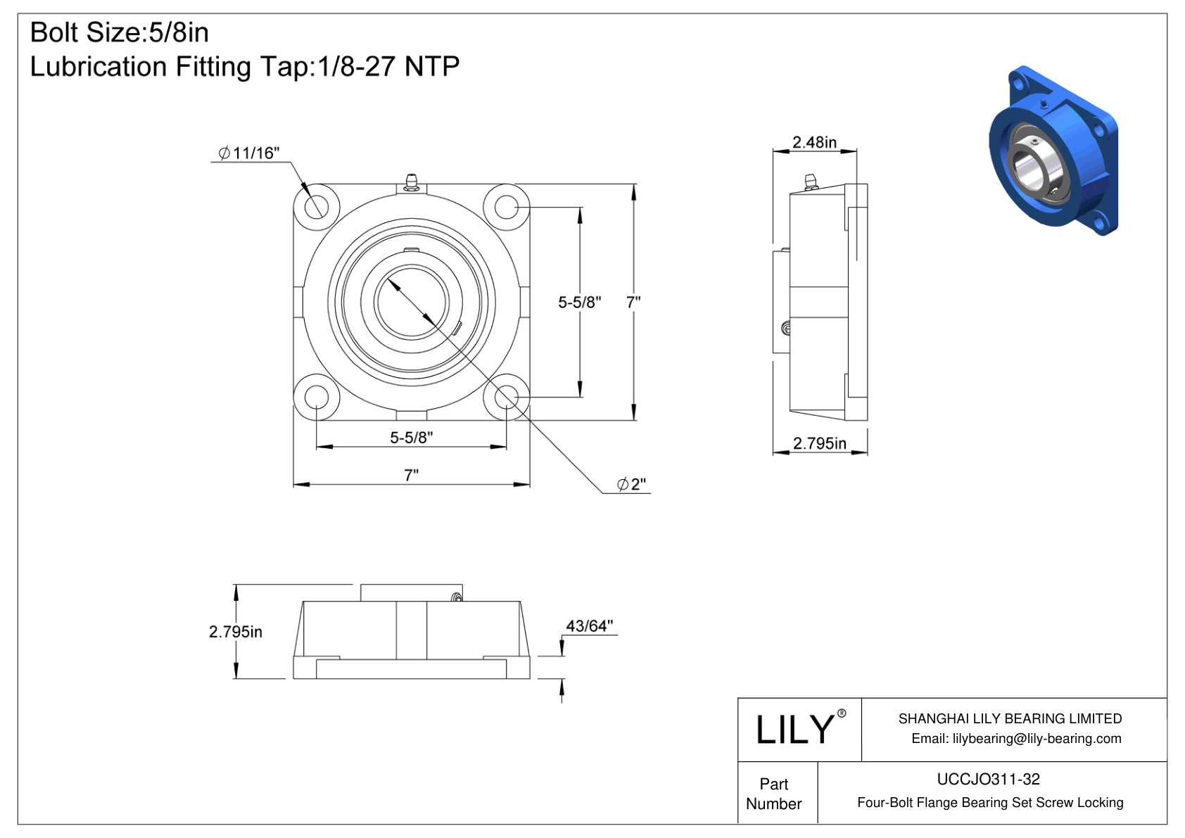 UCCJO311-32 Four-Bolt Flange Bearing Set Screw Locking cad drawing