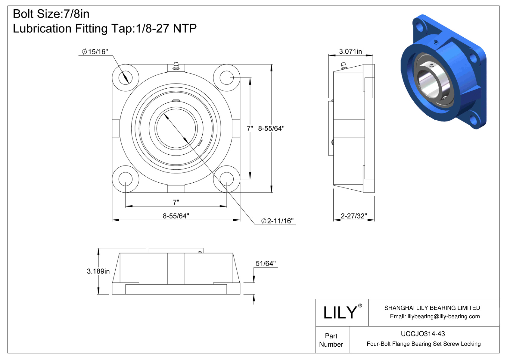 UCCJO314-43 Four-Bolt Flange Bearing Set Screw Locking cad drawing