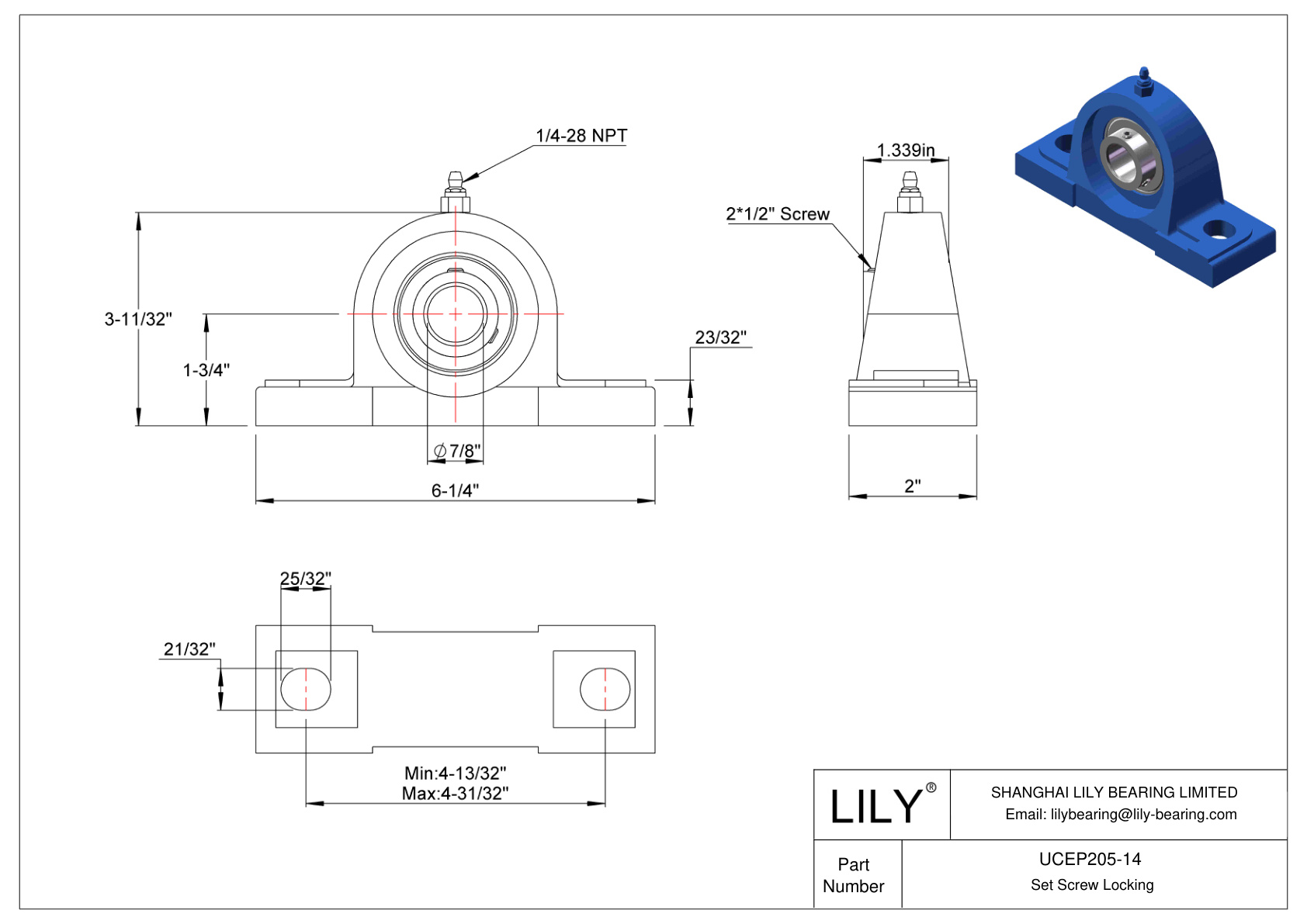 UCEP205-14 Tornillo de fijación de rodamientos Pillow Block cad drawing