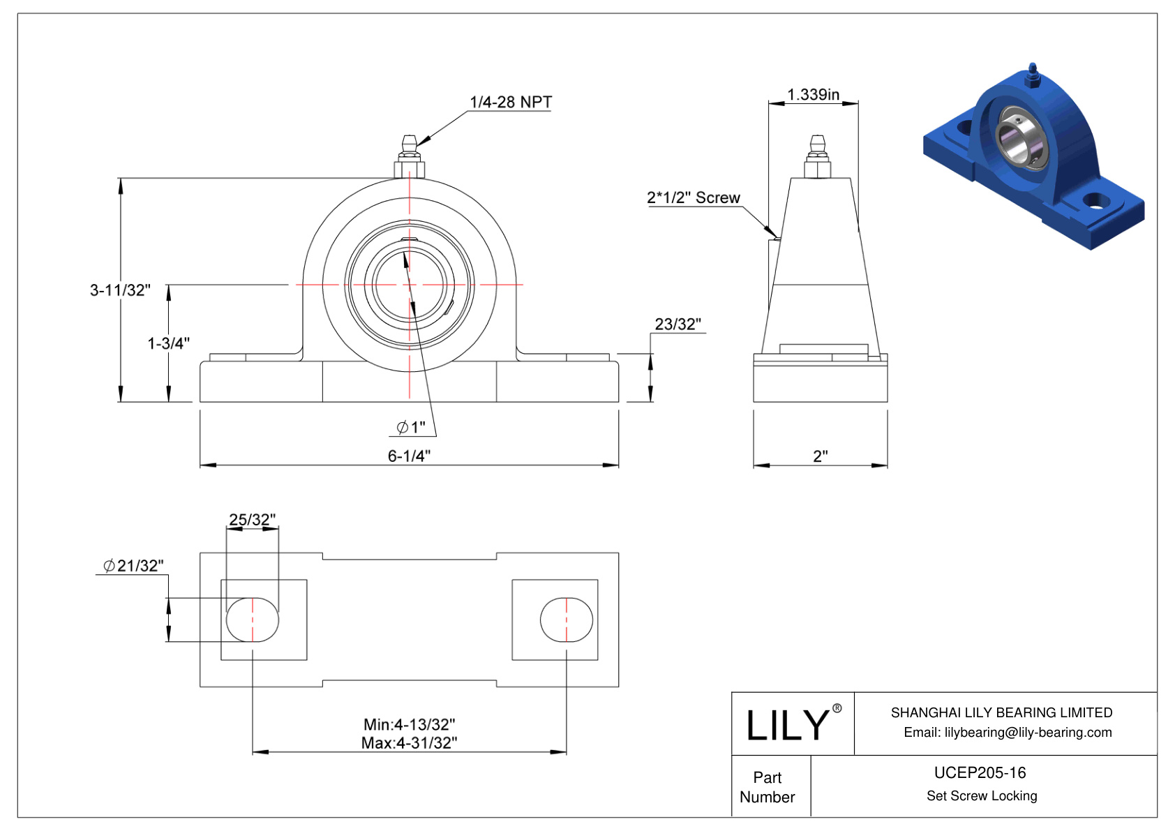 UCEP205-16 Tornillo de fijación de rodamientos Pillow Block cad drawing