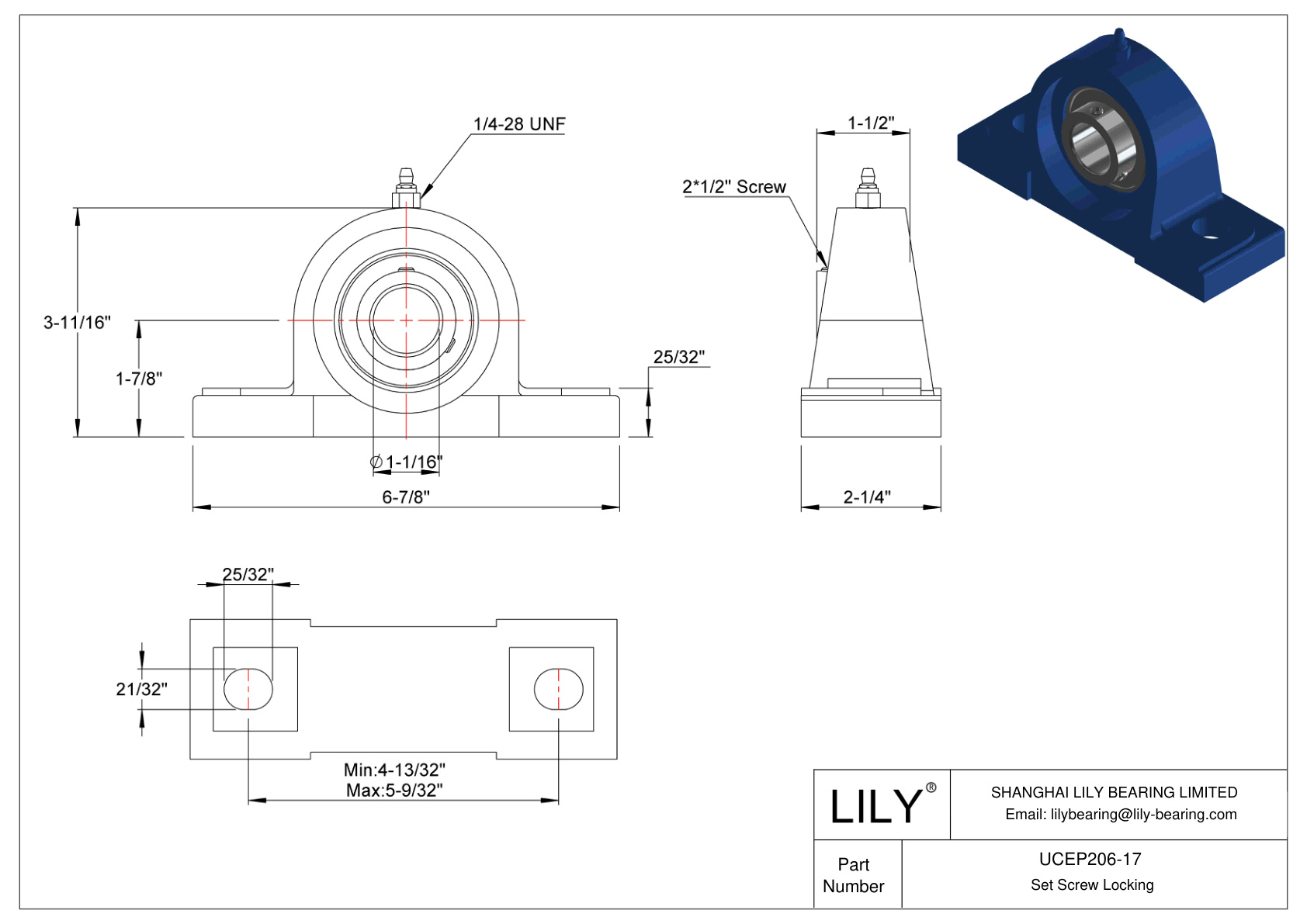 UCEP206-17 Tornillo de fijación de rodamientos Pillow Block cad drawing