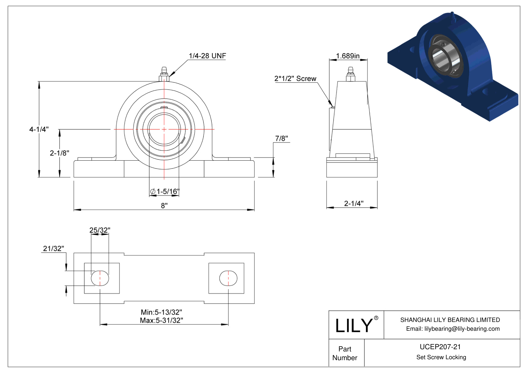 UCEP207-21 Tornillo de fijación de rodamientos Pillow Block cad drawing