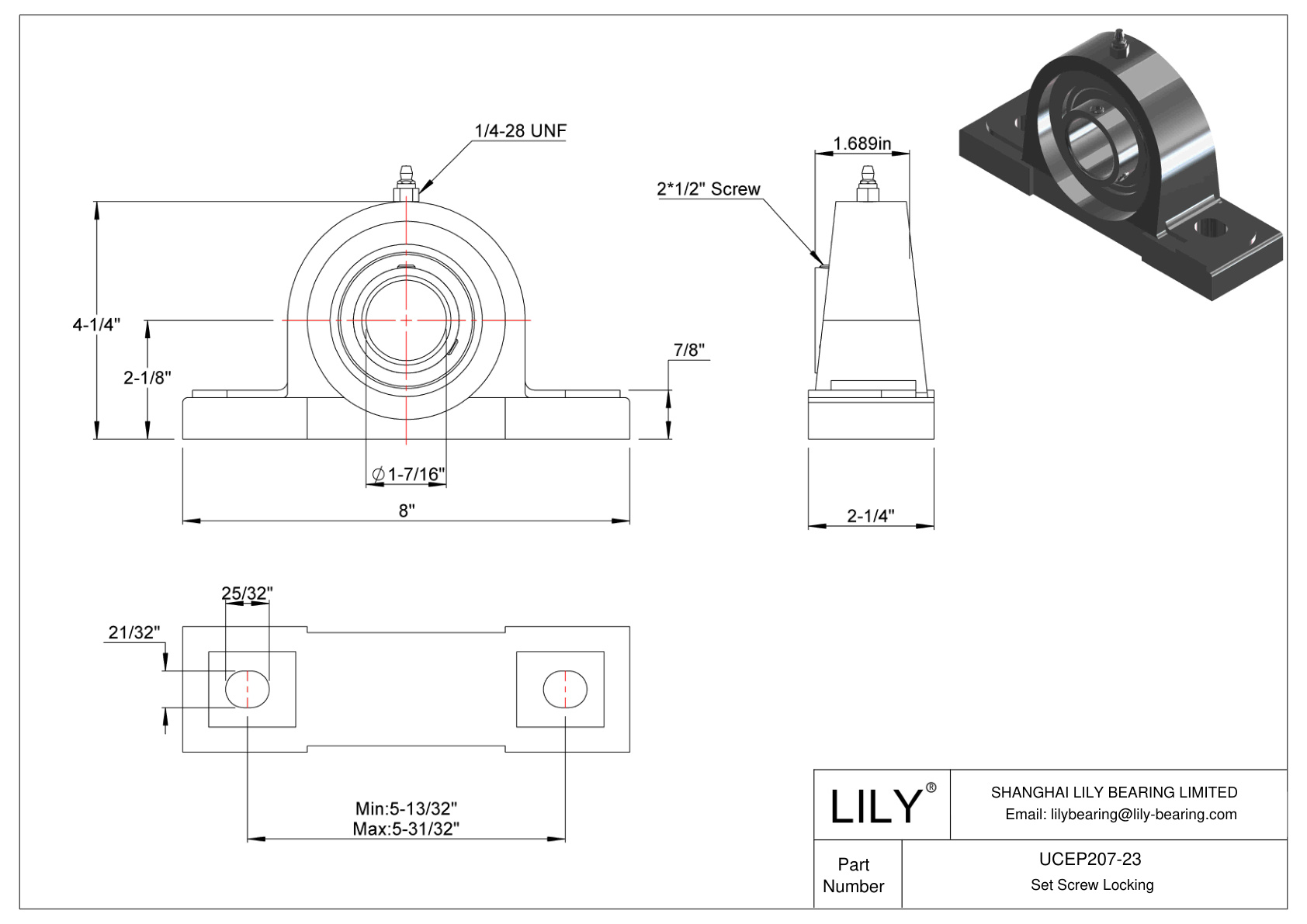 UCEP207-23 Pillow Block Bearing Set Screw Locking cad drawing