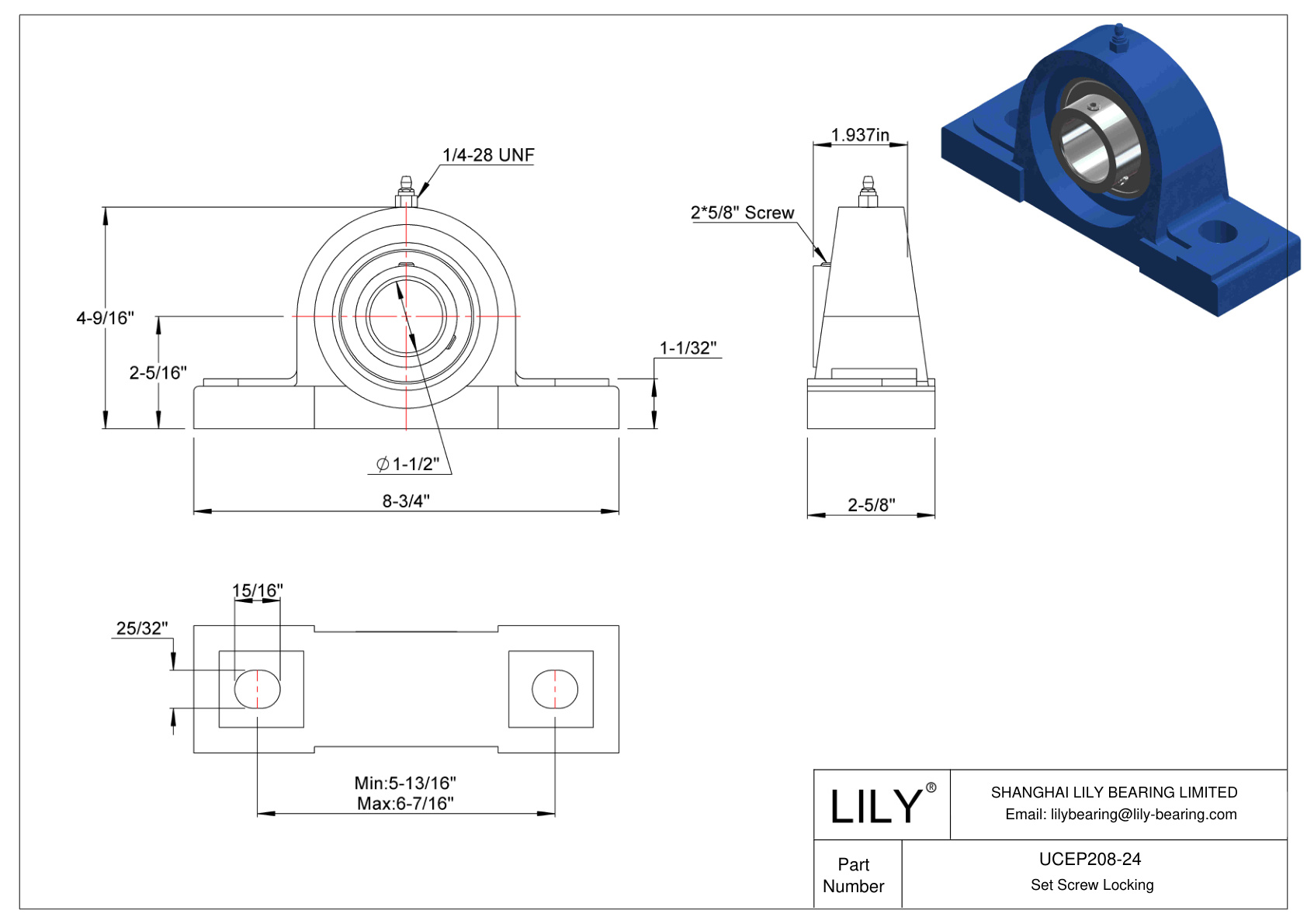 UCEP208-24 Pillow Block Bearing Set Screw Locking cad drawing