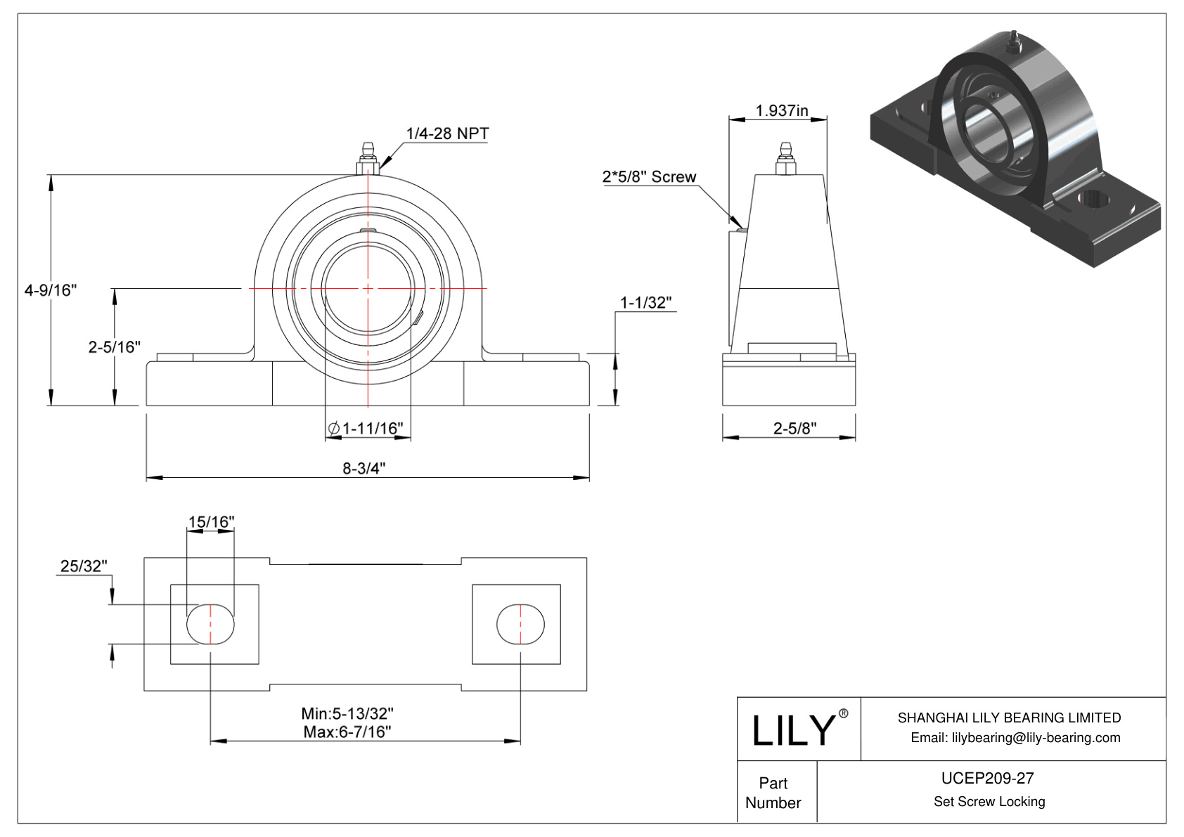 UCEP209-27 Tornillo de fijación de rodamientos Pillow Block cad drawing