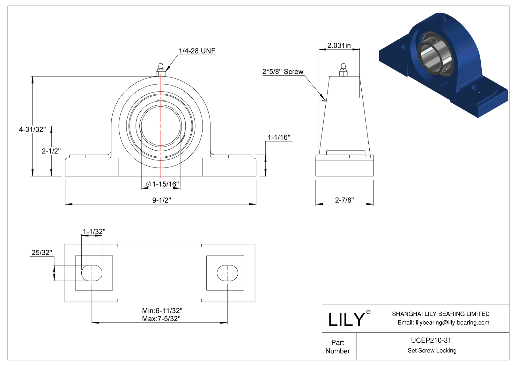 UCEP210-31 Tornillo de fijación de rodamientos Pillow Block cad drawing