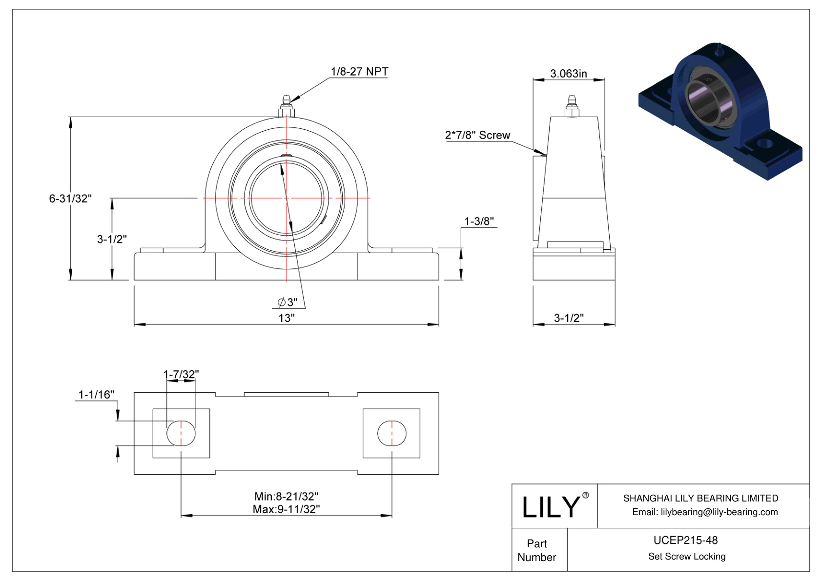 UCEP215-48 Pillow Block Bearing Set Screw Locking cad drawing