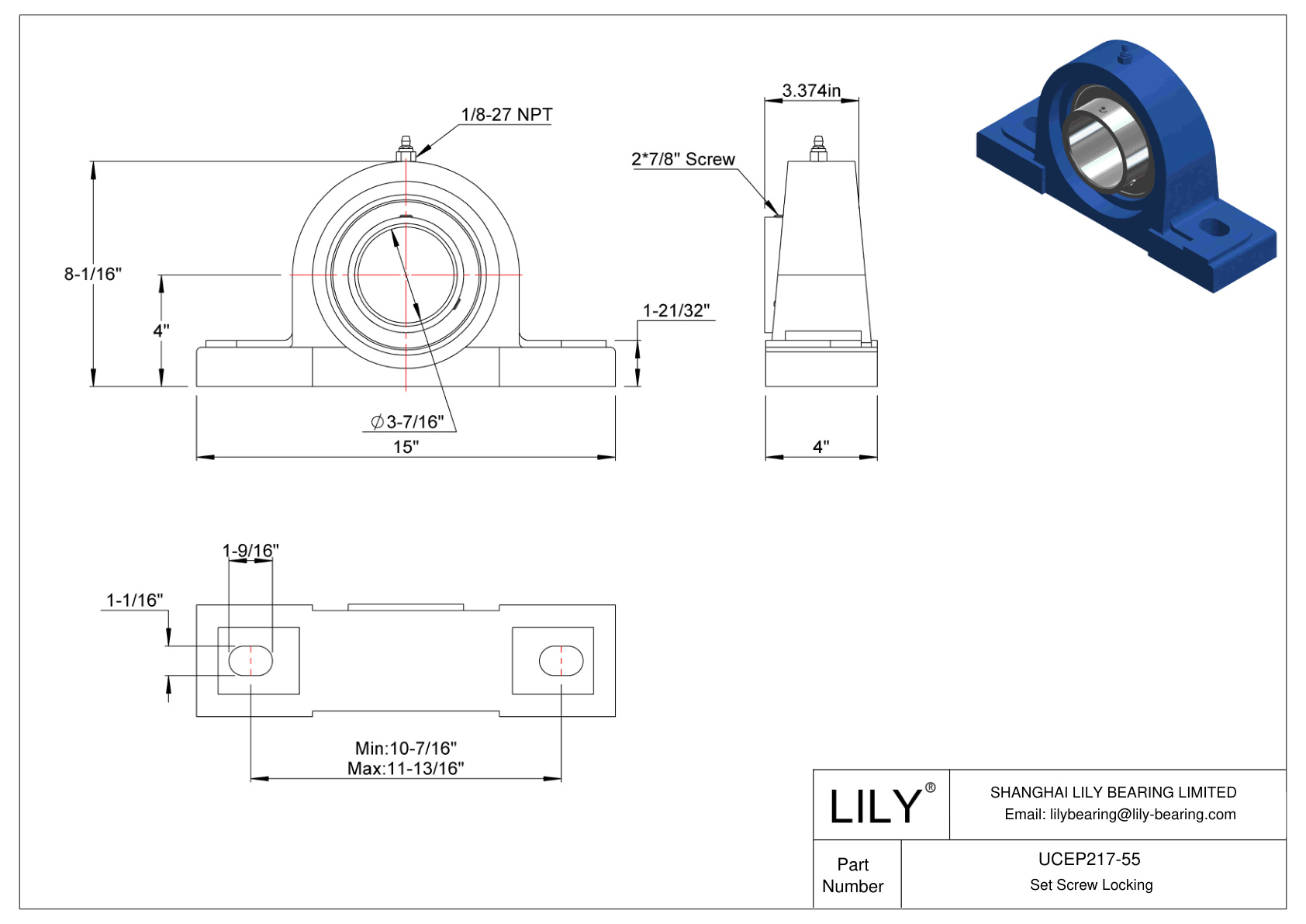 UCEP217-55 Pillow Block Bearing Set Screw Locking cad drawing