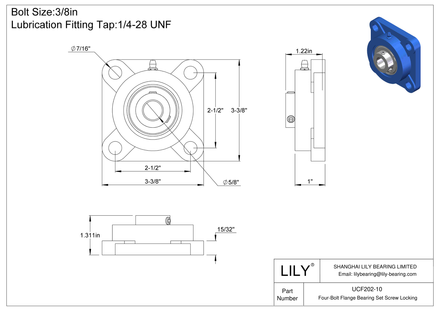 UCF202-10 Four-Bolt Flange Bearing Set Screw Locking cad drawing