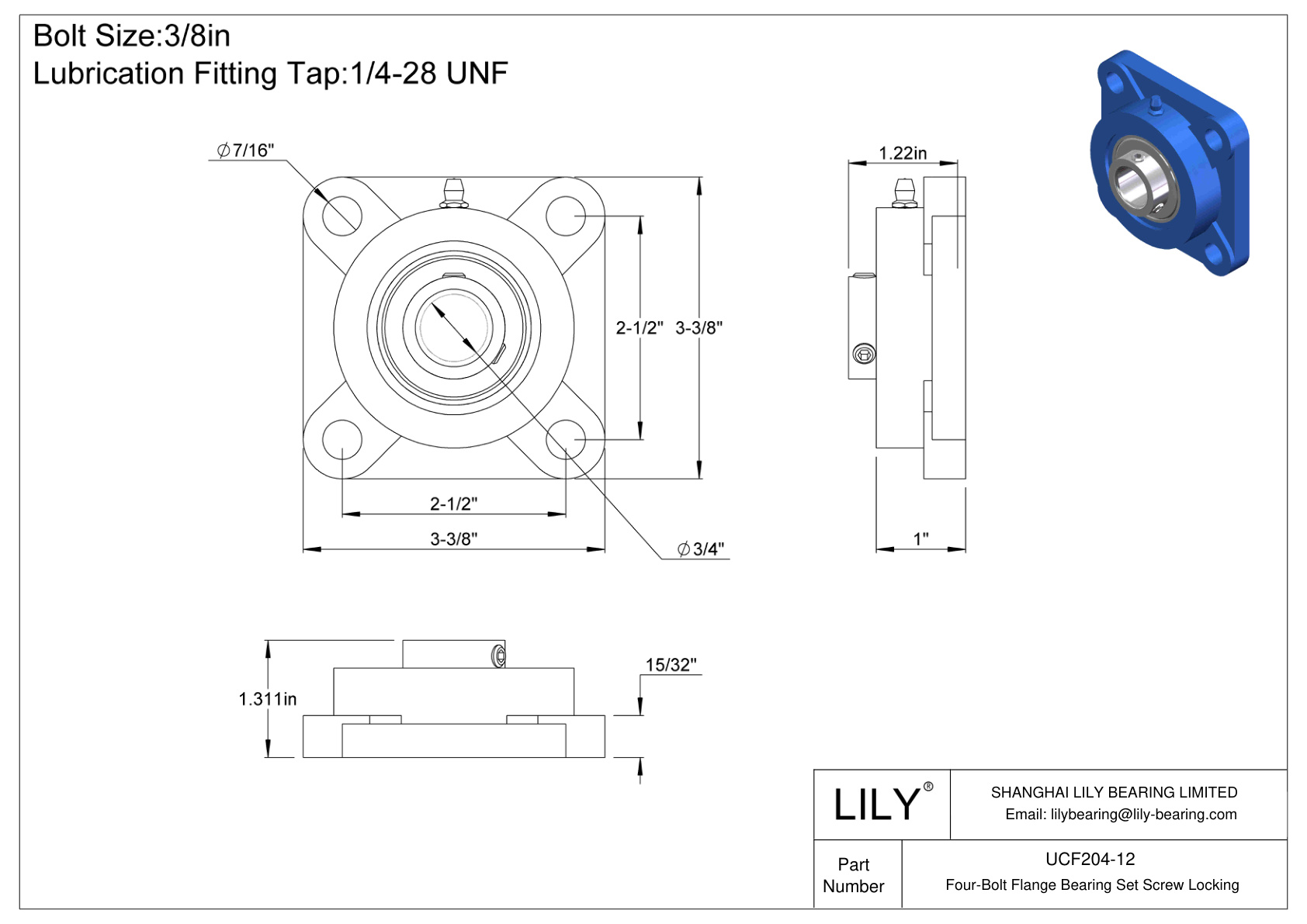 UCF204-12 Four-Bolt Flange Bearing Set Screw Locking cad drawing