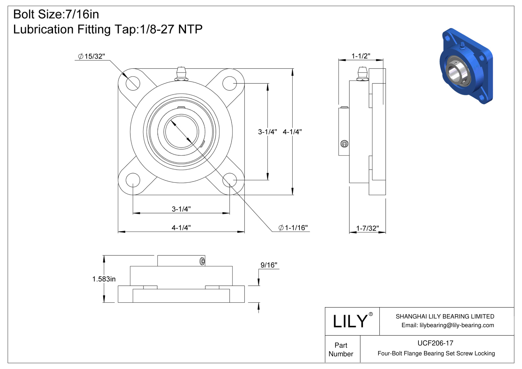 UCF206-17 Four-Bolt Flange Bearing Set Screw Locking cad drawing