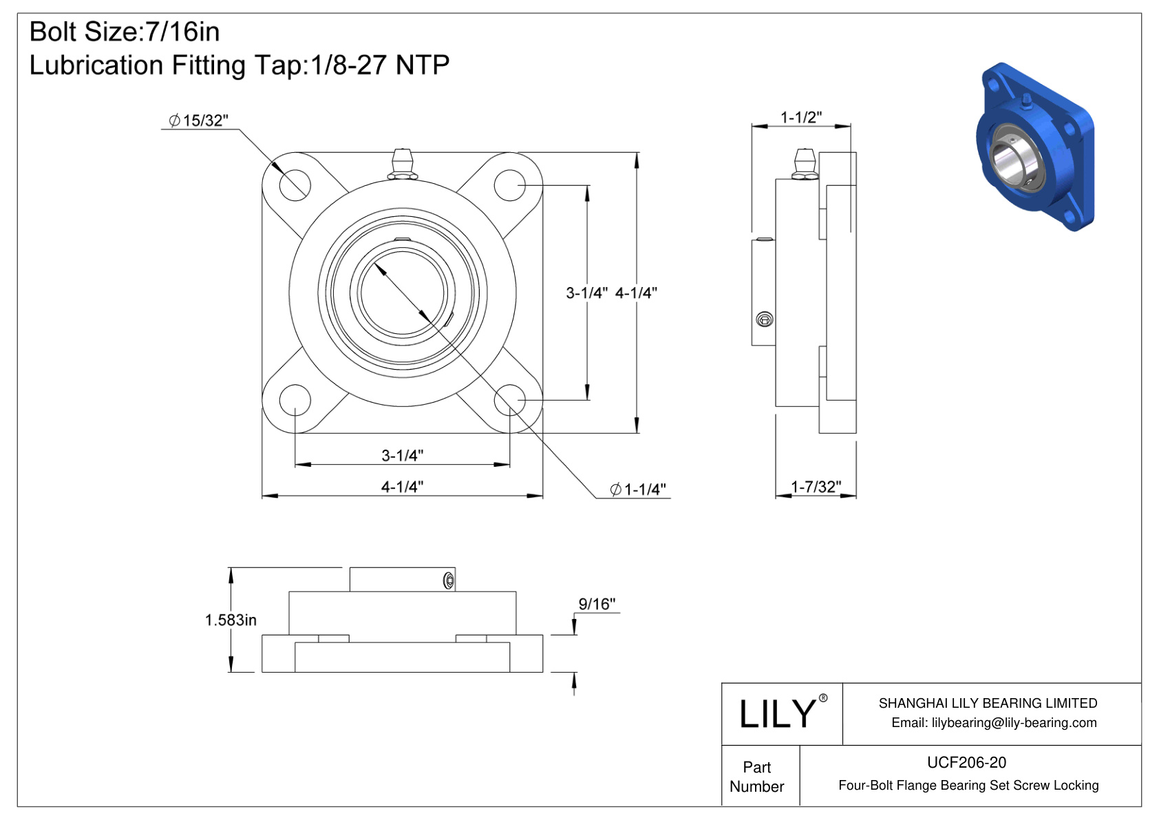 UCF206-20 Tornillo de fijación del cojinete de brida de cuatro pernos cad drawing