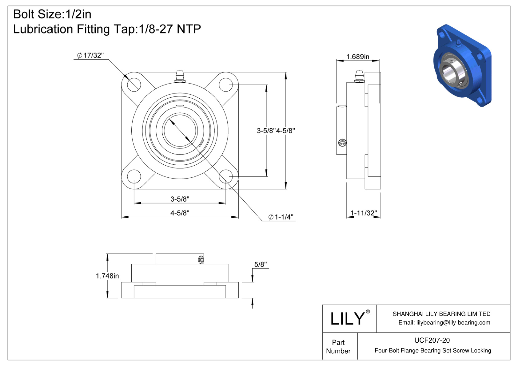 UCF207-20 四螺栓法兰轴承固定螺钉锁定 cad drawing