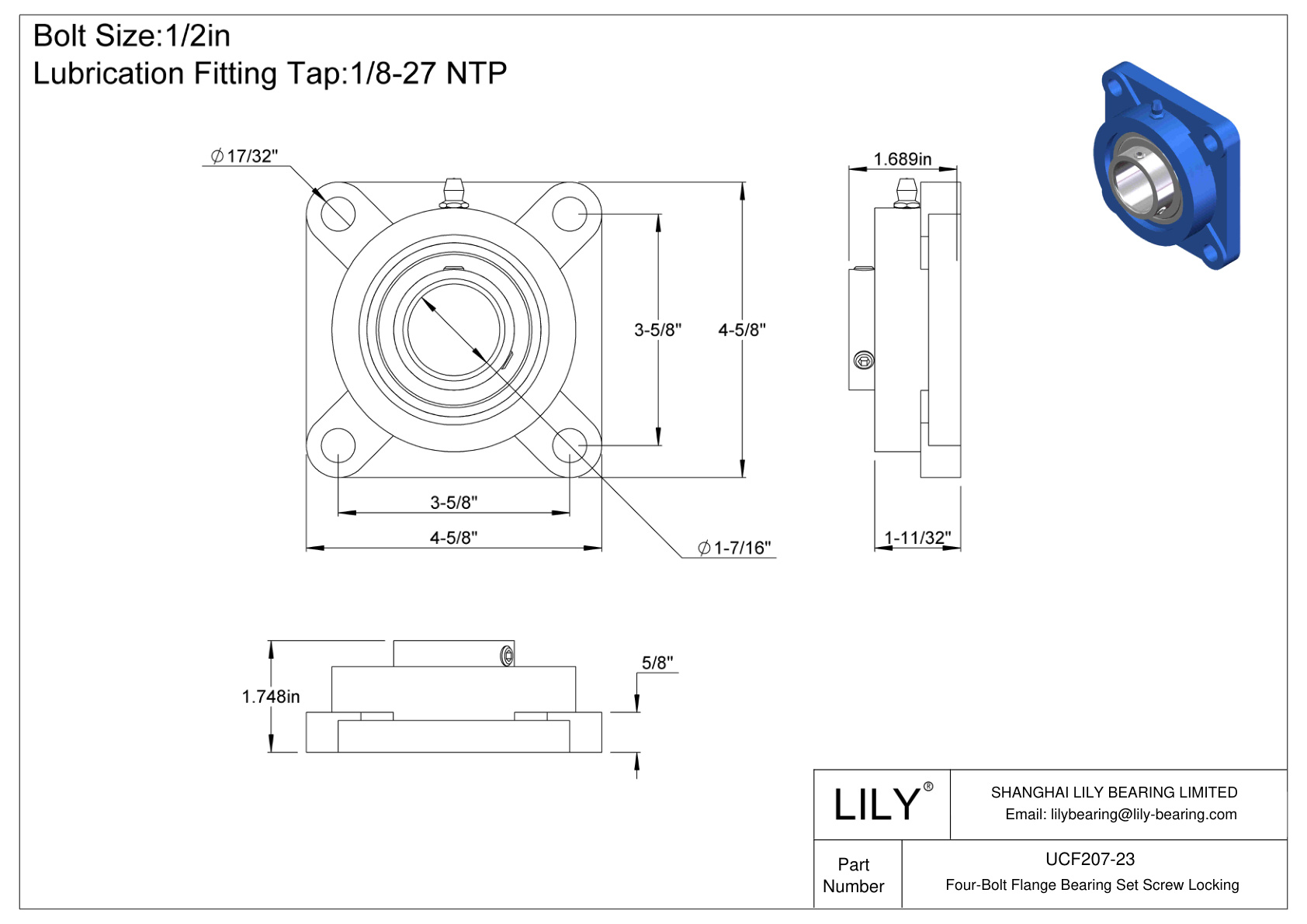 UCF207-23 Tornillo de fijación del cojinete de brida de cuatro pernos cad drawing