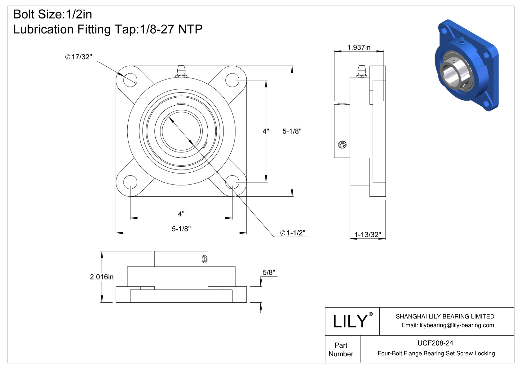 UCF208-24 Tornillo de fijación del cojinete de brida de cuatro pernos cad drawing