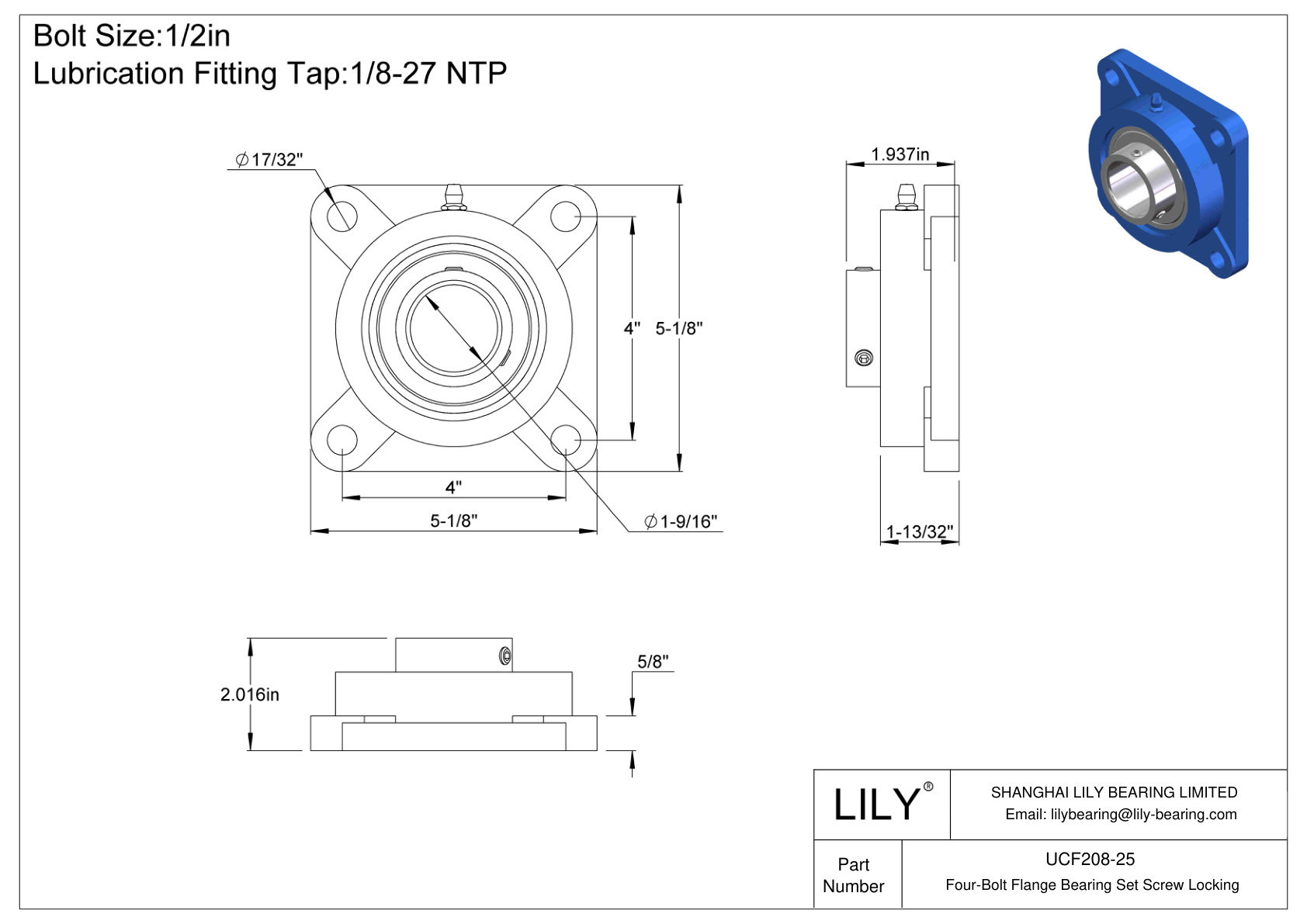 UCF208-25 Four-Bolt Flange Bearing Set Screw Locking cad drawing