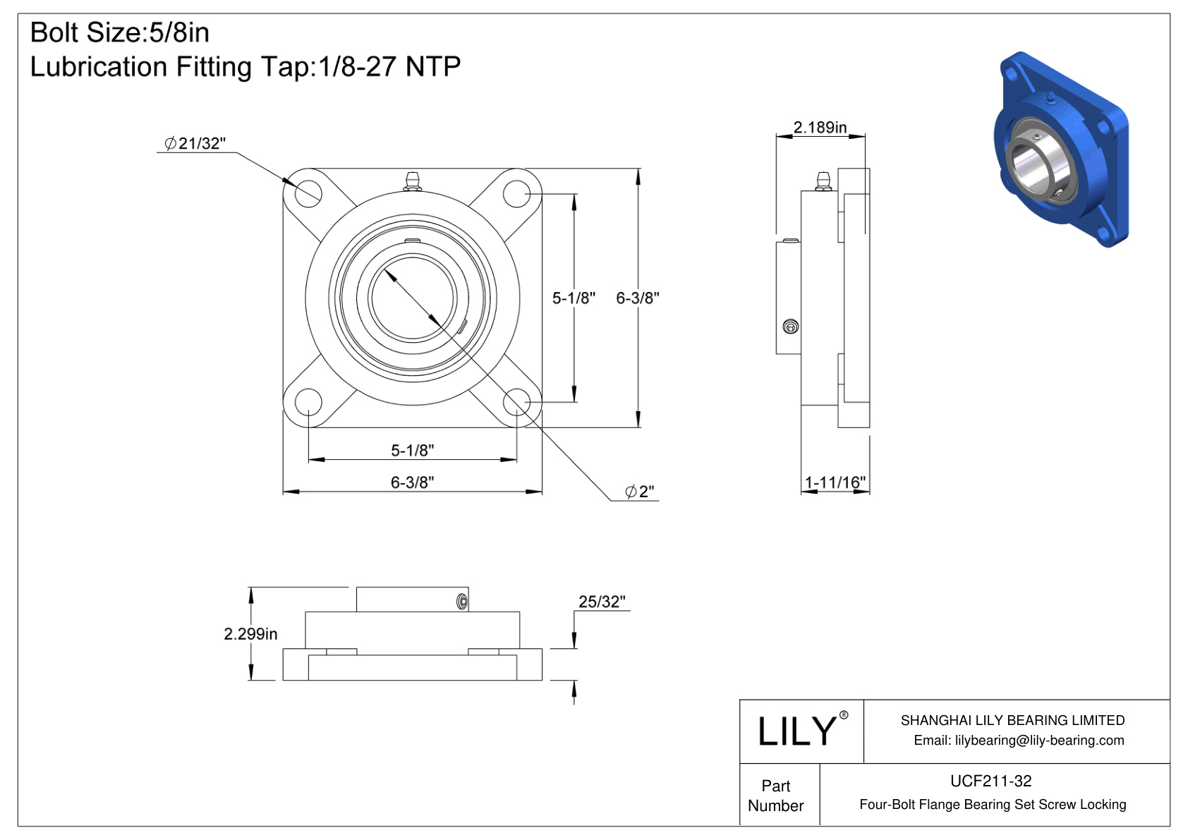 UCF211-32 Four-Bolt Flange Bearing Set Screw Locking cad drawing