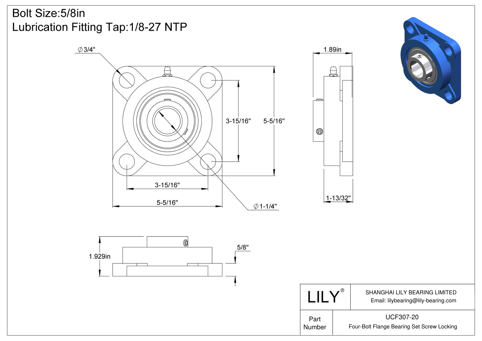 UCF307-20 Four-Bolt Flange Bearing Set Screw Locking cad drawing