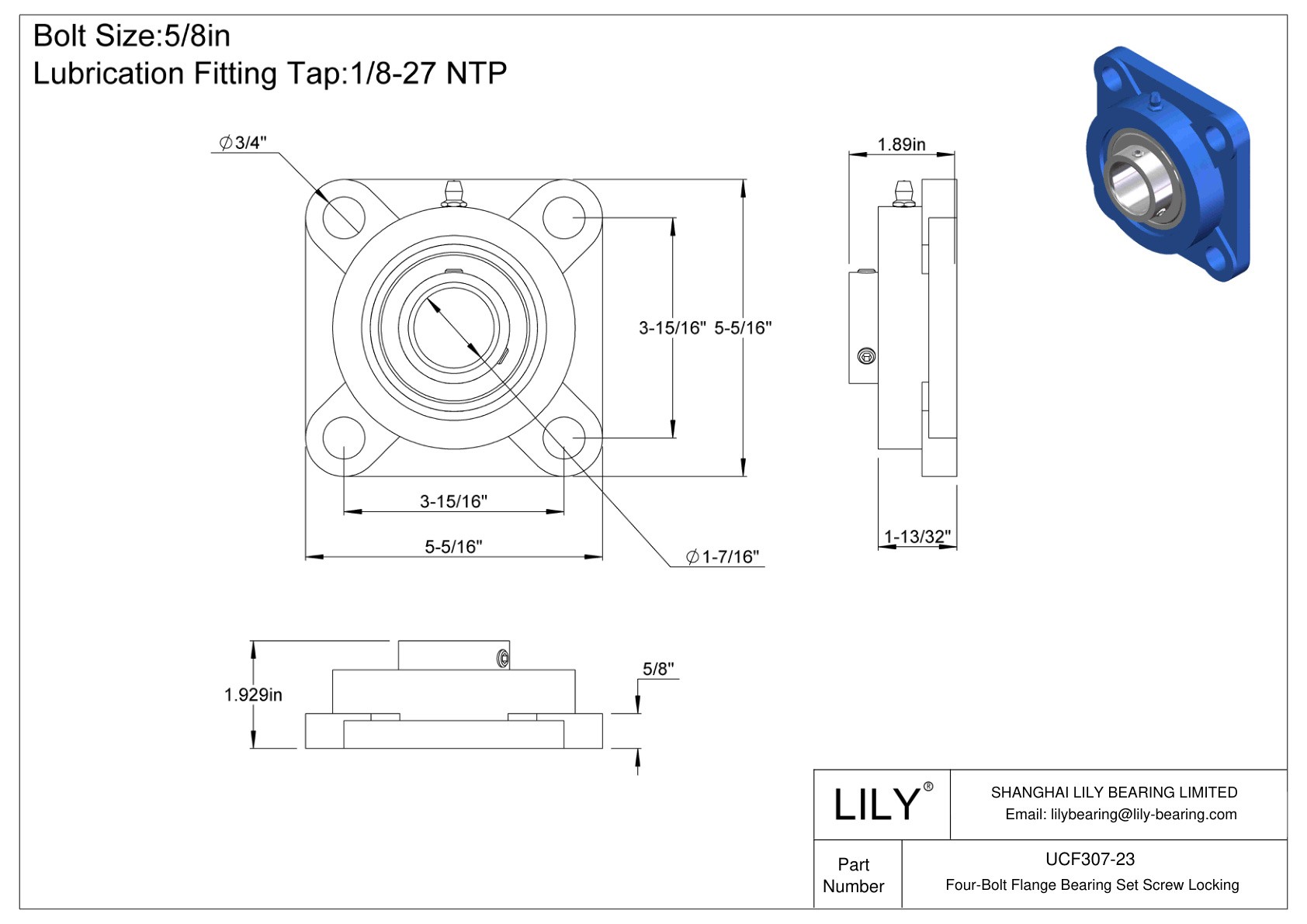 UCF307-23 Tornillo de fijación del cojinete de brida de cuatro pernos cad drawing