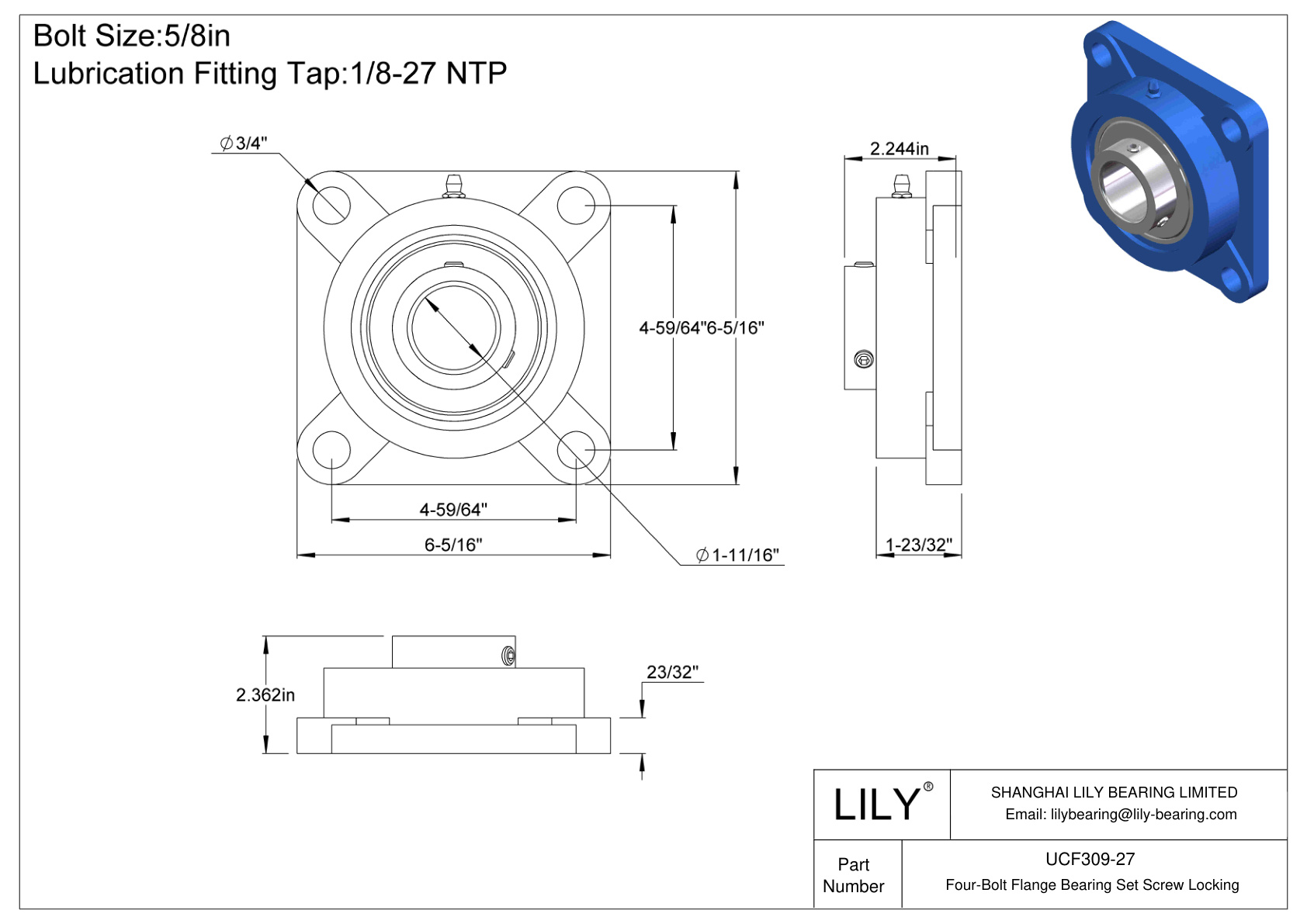 UCF309-27 Four-Bolt Flange Bearing Set Screw Locking cad drawing