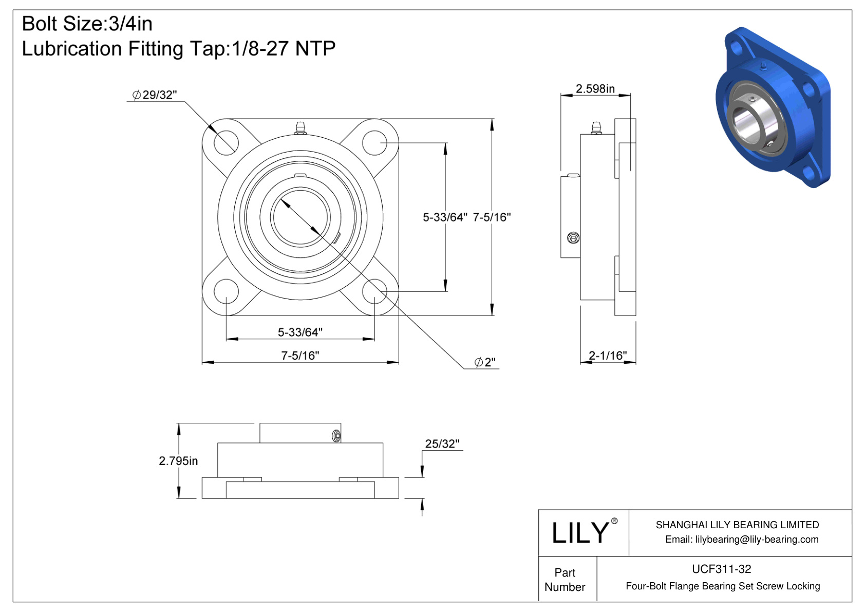 UCF311-32 Four-Bolt Flange Bearing Set Screw Locking cad drawing