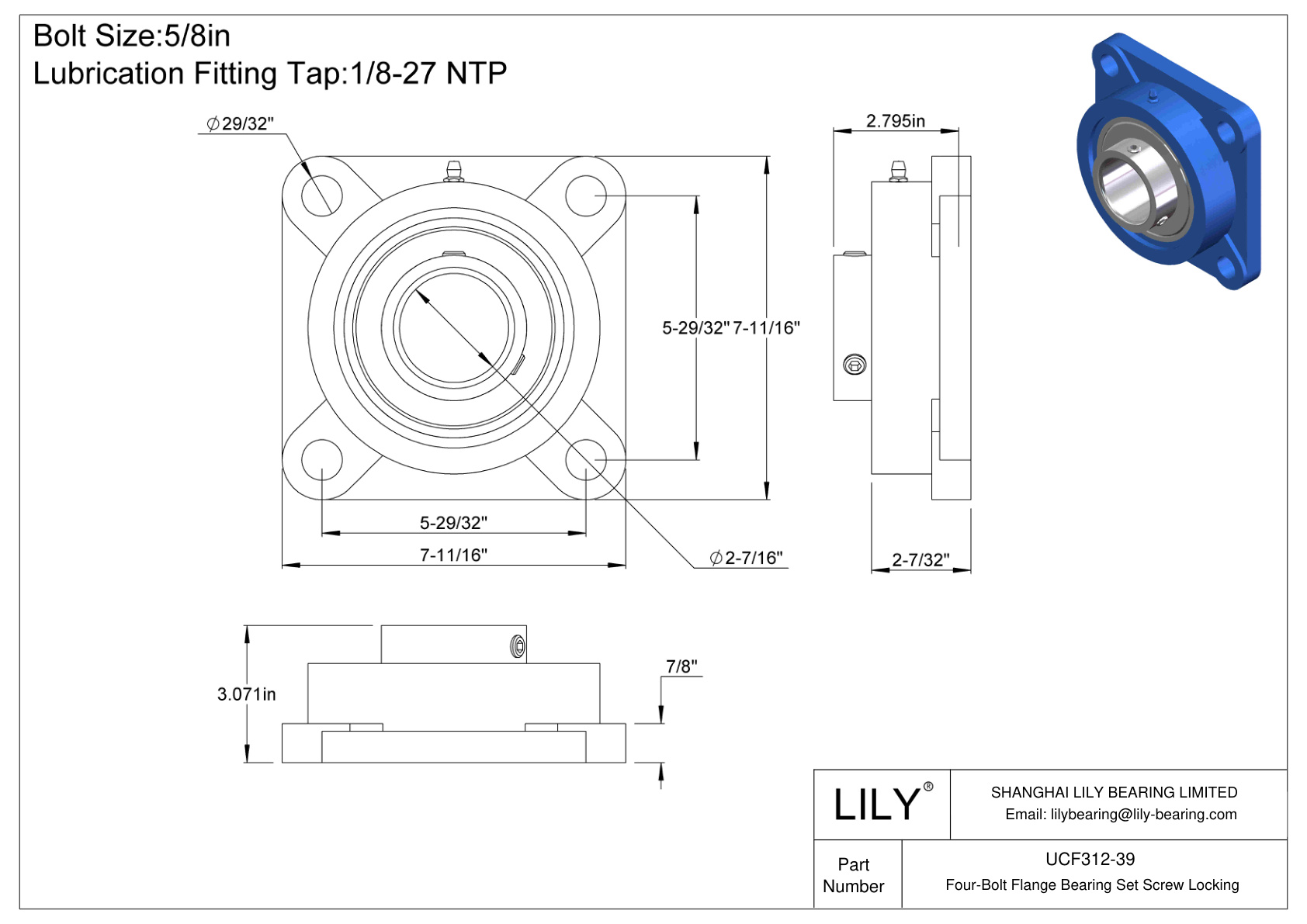 UCF312-39 Four-Bolt Flange Bearing Set Screw Locking cad drawing