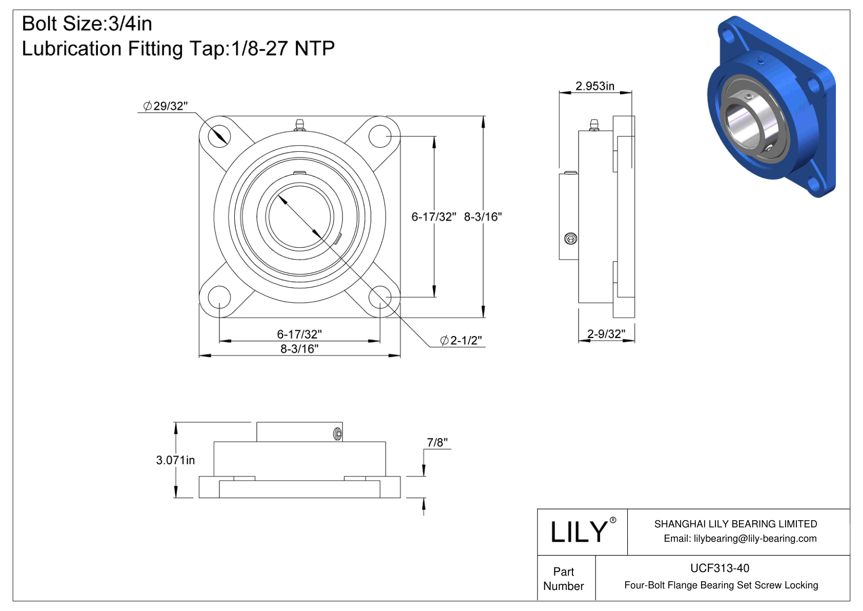 UCF313-40 Four-Bolt Flange Bearing Set Screw Locking cad drawing