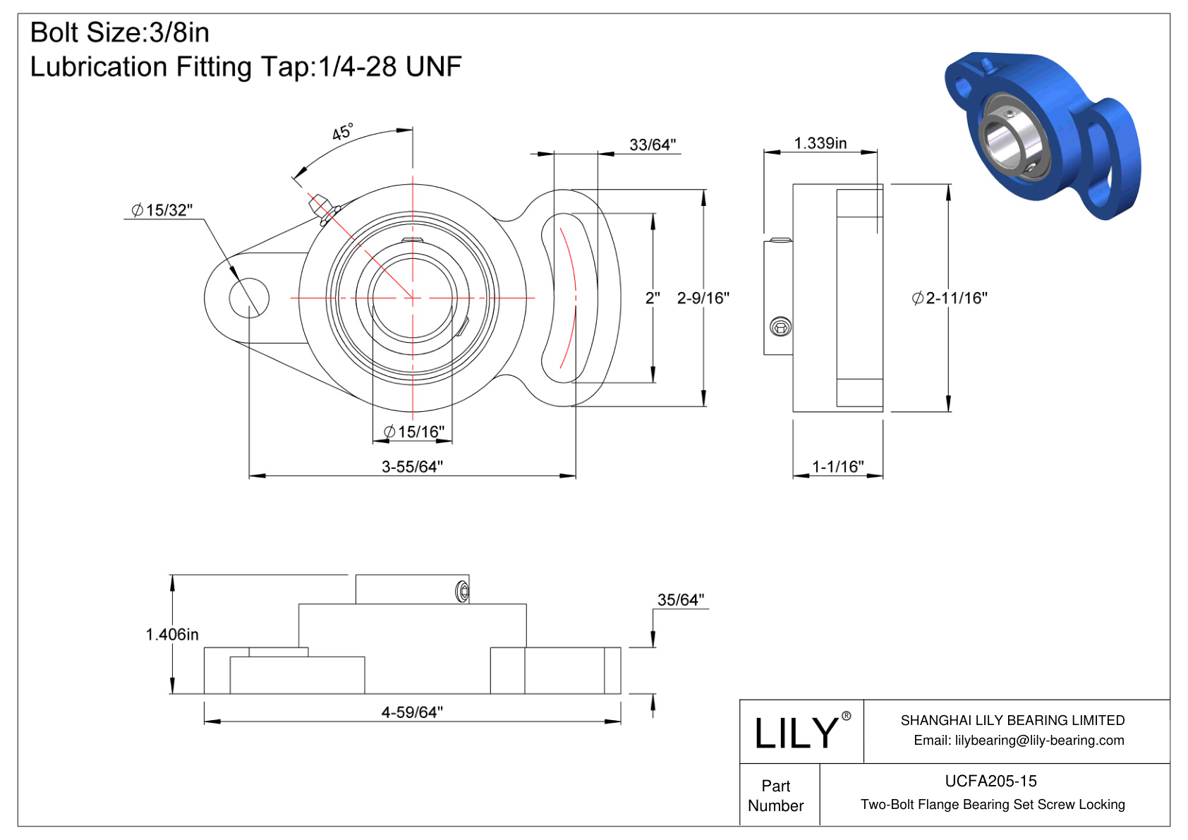 UCFA205-15 Tornillo de fijación del cojinete de brida de dos pernos cad drawing