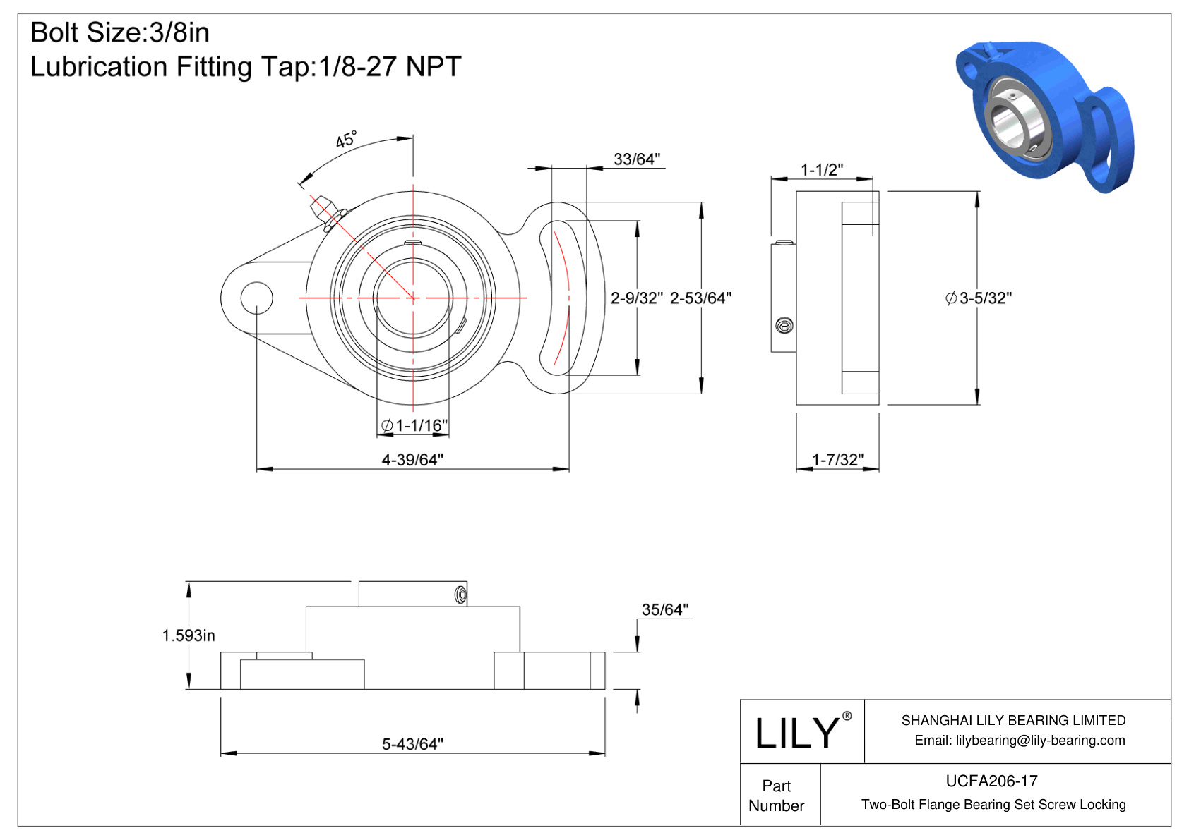 UCFA206-17 双螺栓法兰轴承 固定螺钉锁定 cad drawing