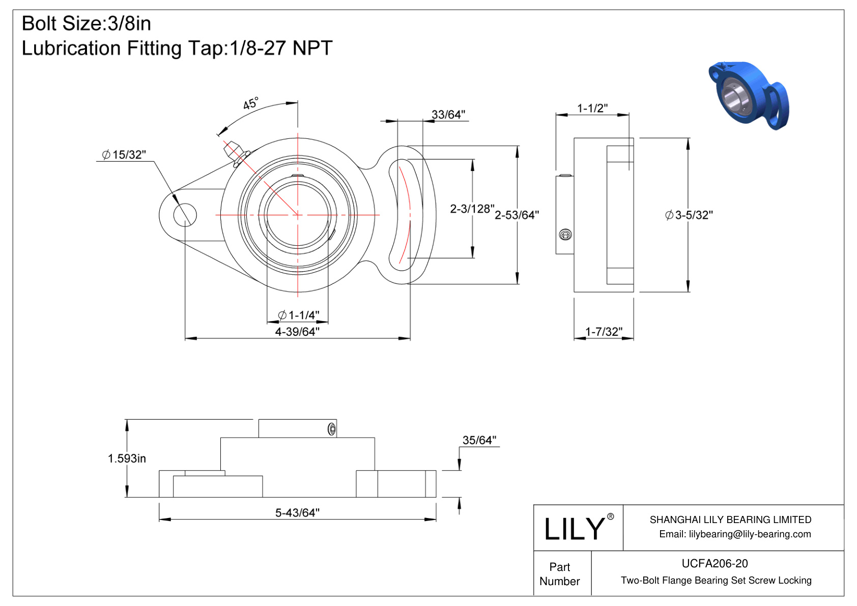 UCFA206-20 Two-Bolt Flange Bearing Set Screw Locking cad drawing