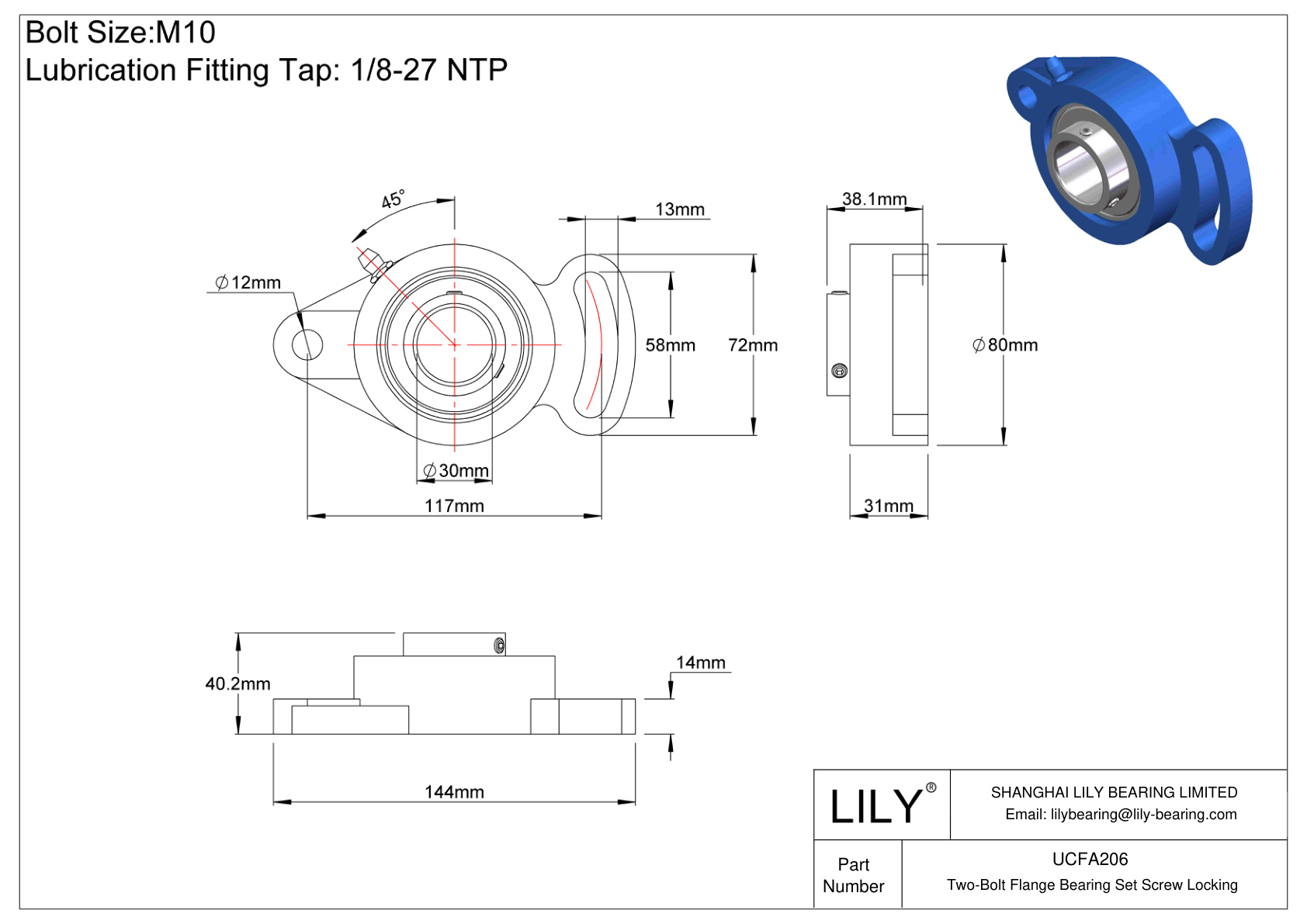 UCFA206 Tornillo de fijación del cojinete de brida de dos pernos cad drawing