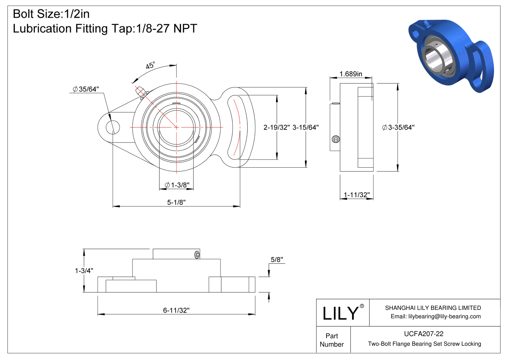 UCFA207-22 Two-Bolt Flange Bearing Set Screw Locking cad drawing