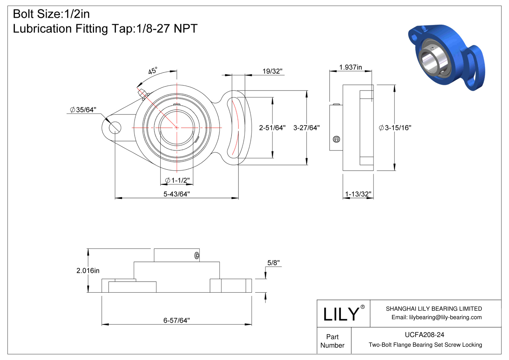 UCFA208-24 Two-Bolt Flange Bearing Set Screw Locking cad drawing