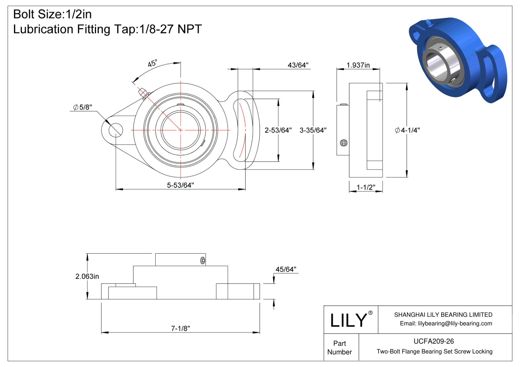 UCFA209-26 Tornillo de fijación del cojinete de brida de dos pernos cad drawing