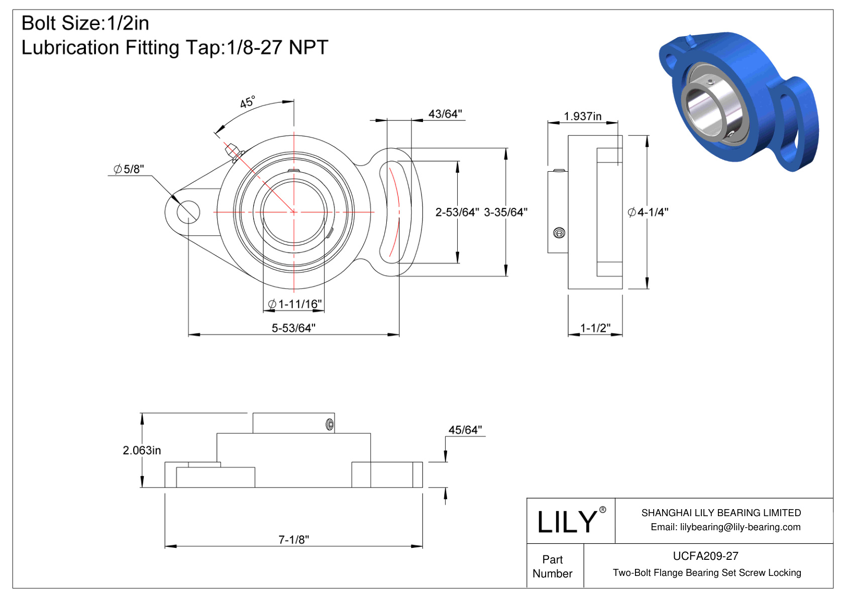 UCFA209-27 Two-Bolt Flange Bearing Set Screw Locking cad drawing