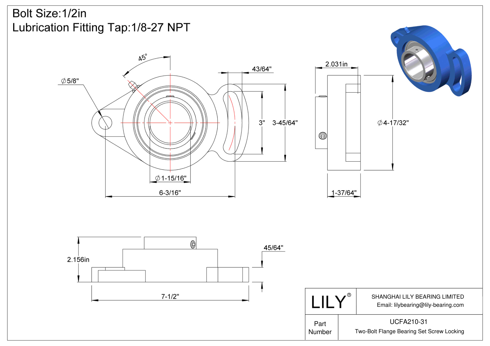 UCFA210-31 Two-Bolt Flange Bearing Set Screw Locking cad drawing