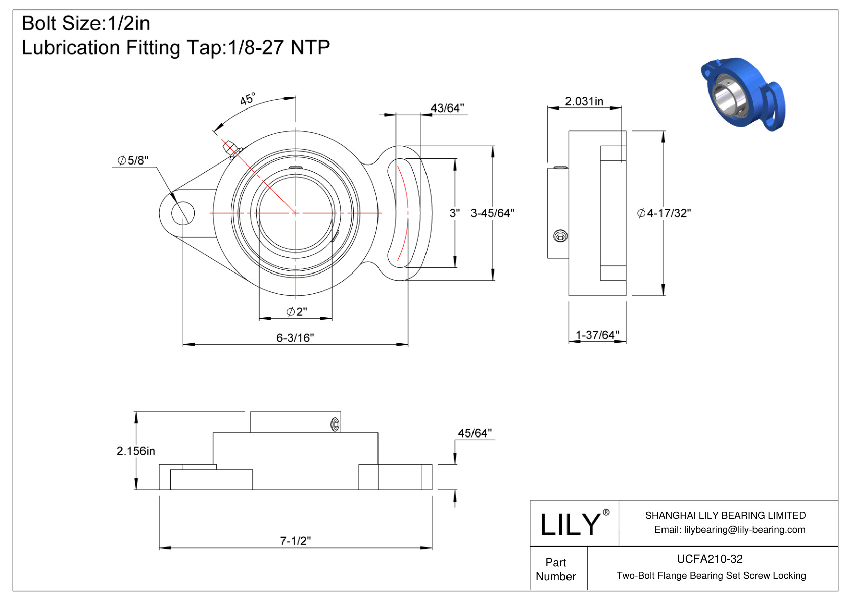 UCFA210-32 Tornillo de fijación del cojinete de brida de dos pernos cad drawing