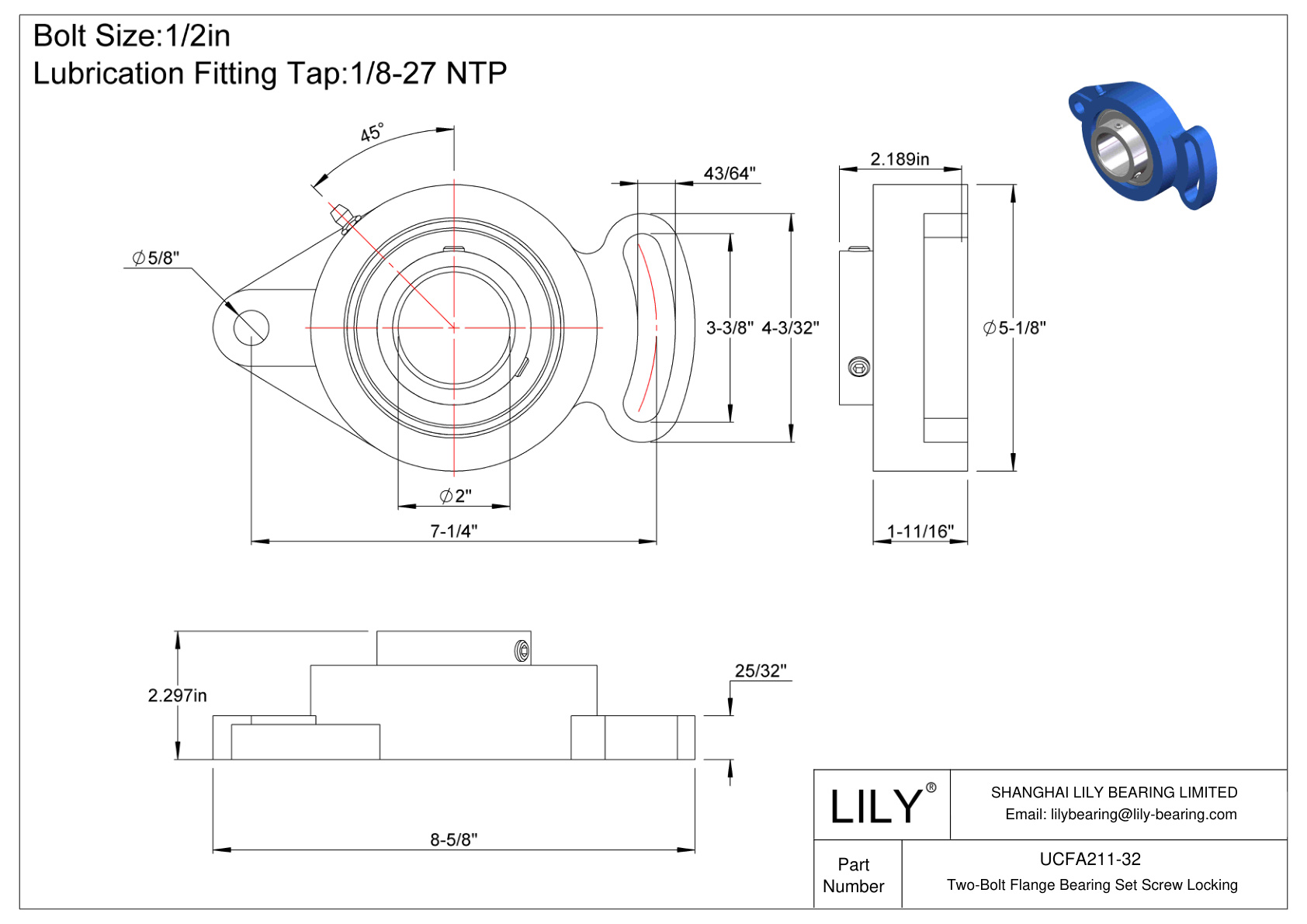 UCFA211-32 Tornillo de fijación del cojinete de brida de dos pernos cad drawing