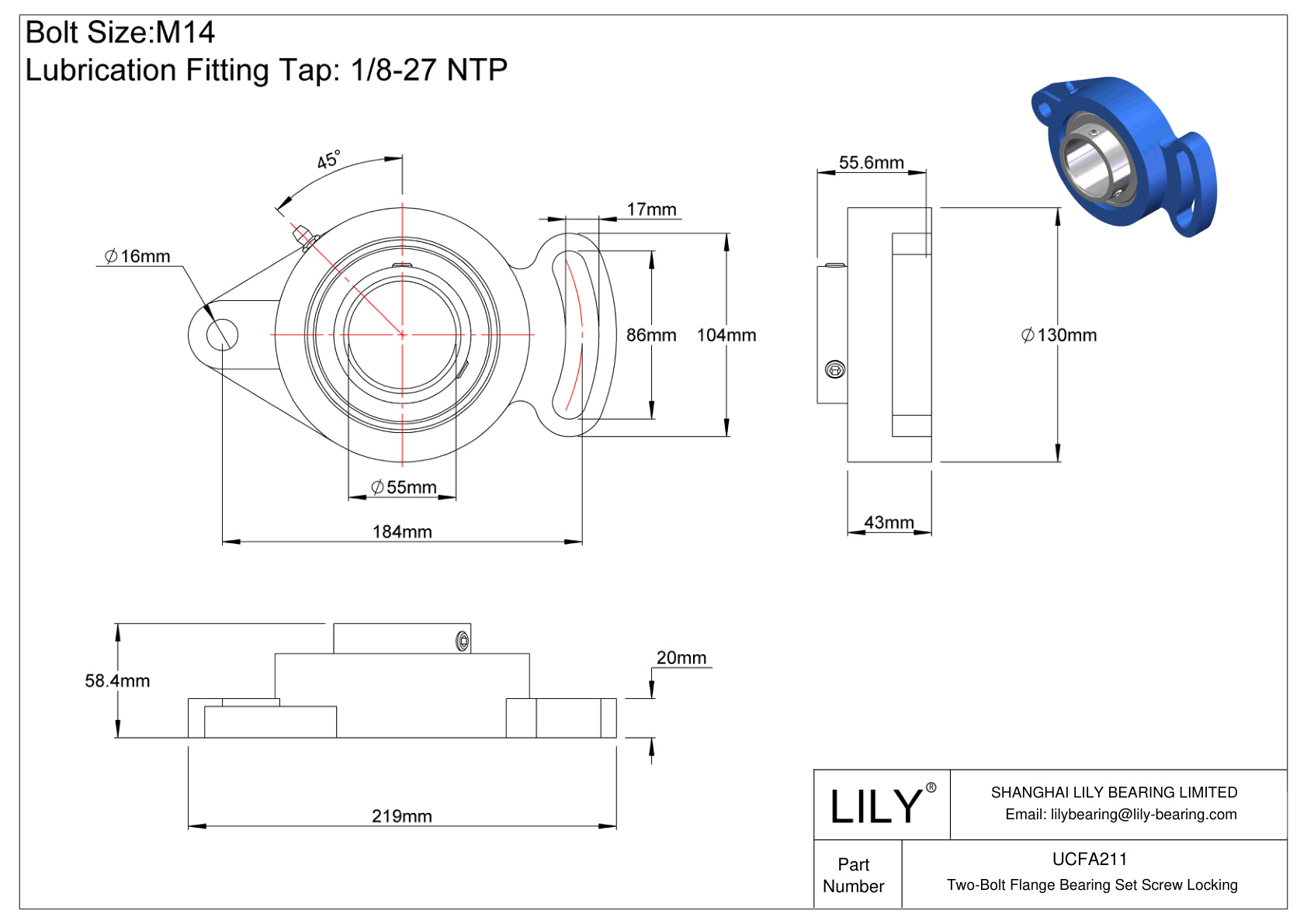 UCFA211 Two-Bolt Flange Bearing Set Screw Locking cad drawing