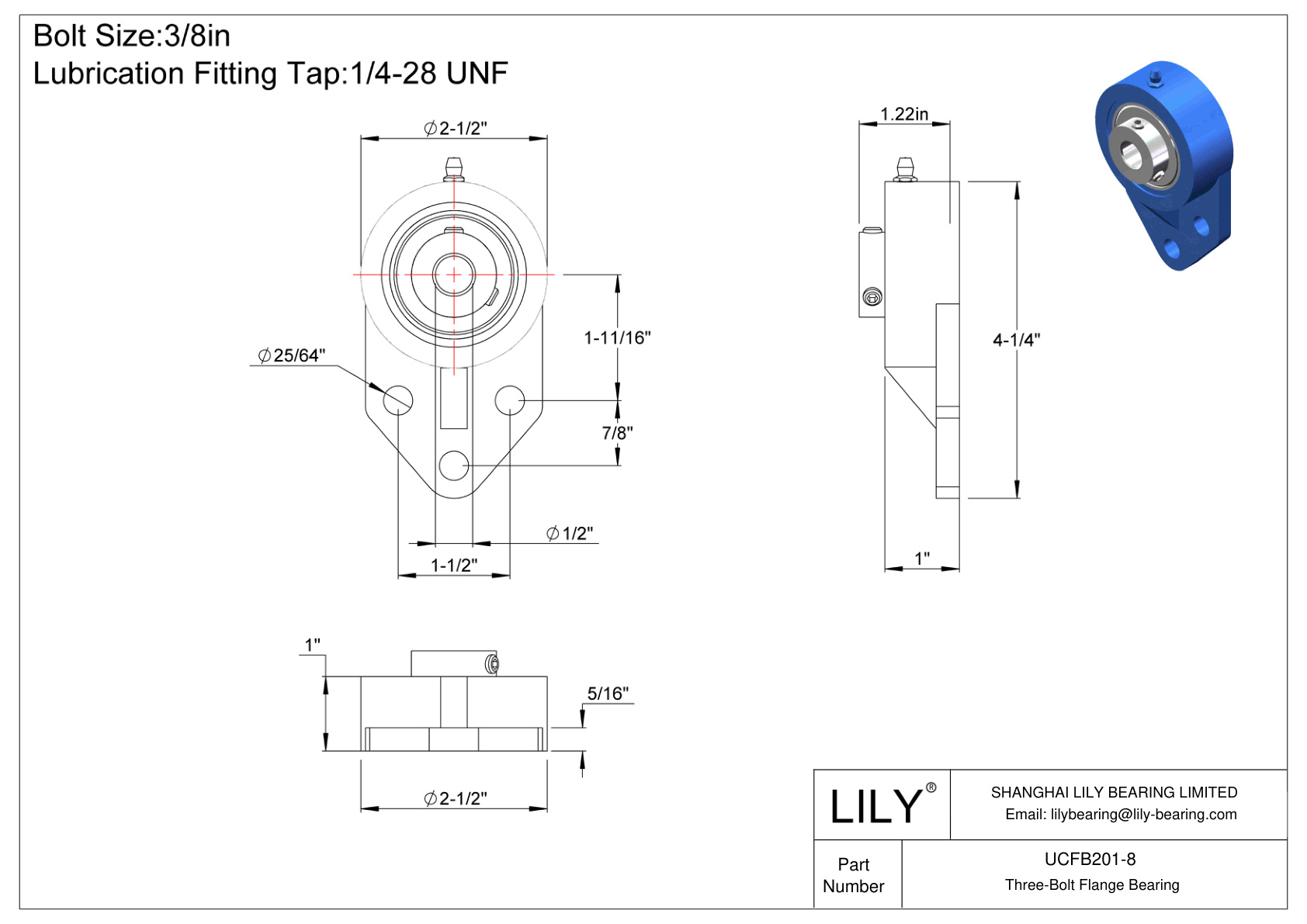 UCFB201-8 Tornillo de fijación del cojinete de brida de tres pernos cad drawing