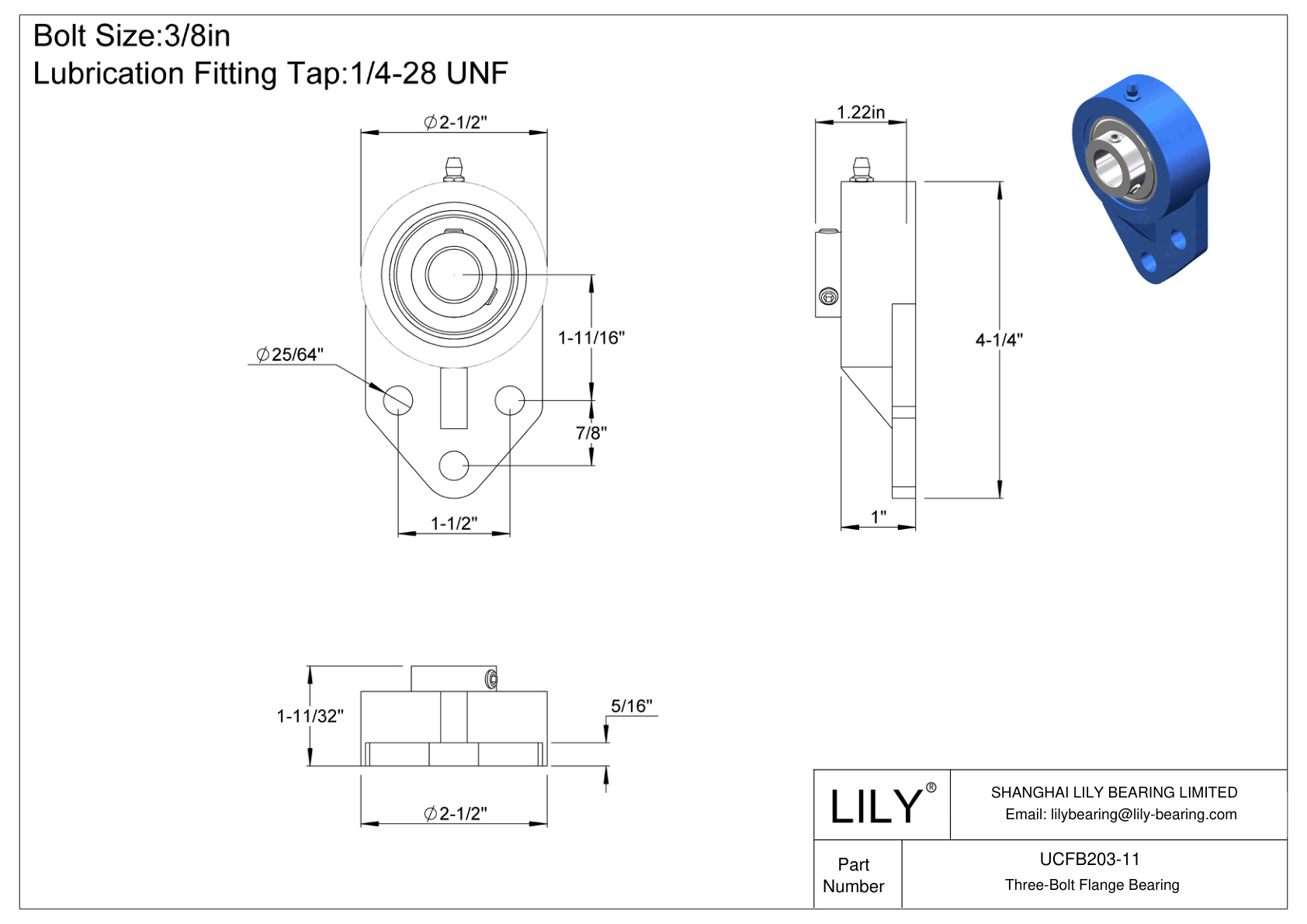 UCFB203-11 Three-Bolt Flange Bearing Set Screw Locking cad drawing