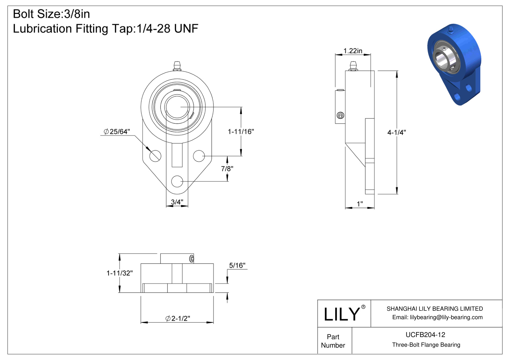 UCFB204-12 Three-Bolt Flange Bearing Set Screw Locking cad drawing