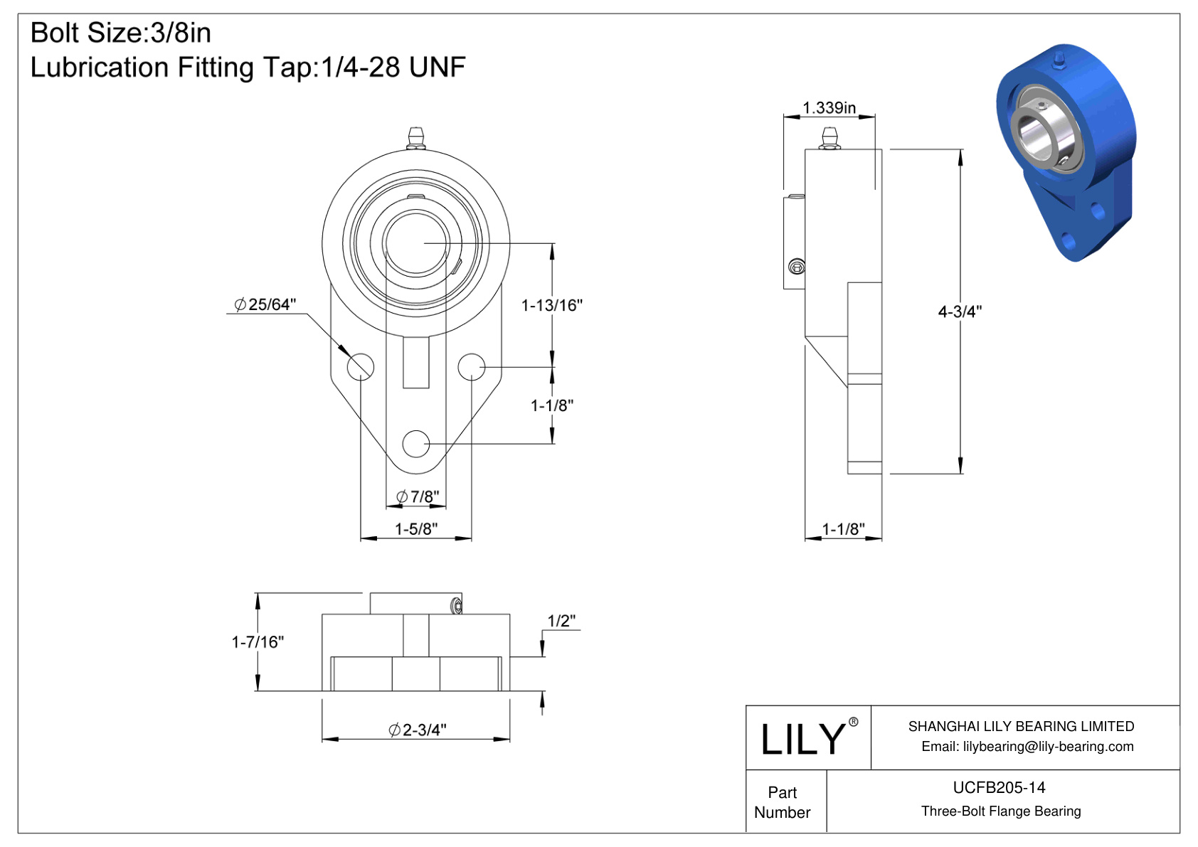 UCFB205-14 Three-Bolt Flange Bearing Set Screw Locking cad drawing